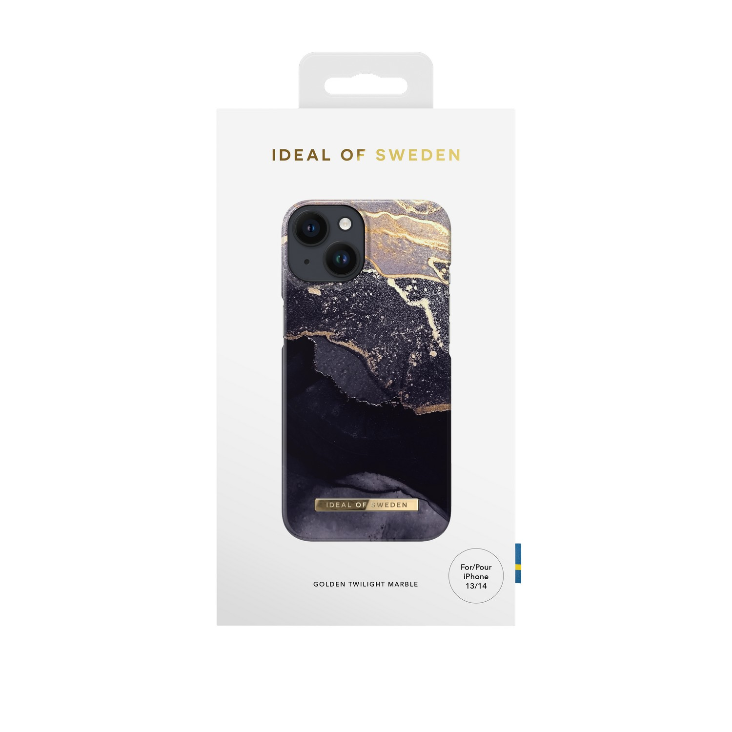 Telefoonhoesje met een marmerontwerp, goud en zwart. De Ideal of Sweden-doos is wit met branding.