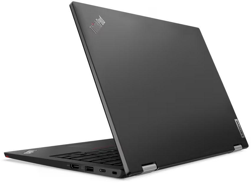 Ein schwarzer Lenovo ThinkPad Laptop, angewinkelt geöffnet, zeigt Tastatur und Lenovo-Logo.