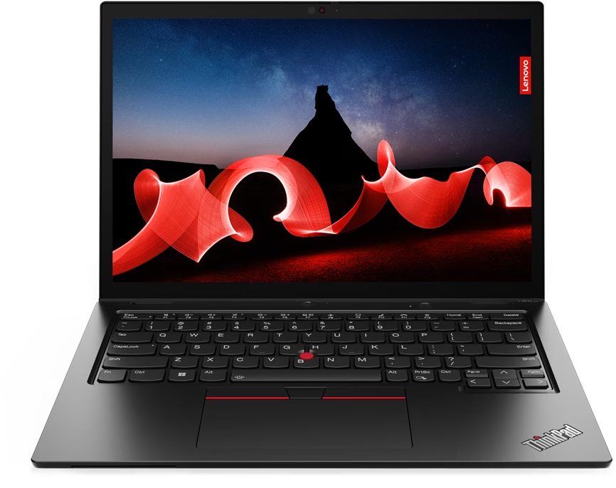 Ein schwarzes Lenovo ThinkPad Laptop, das ein rotes abstraktes Design auf dem Bildschirm zeigt.