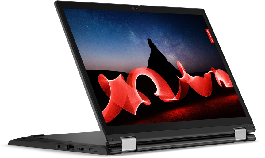 Schwarzer Laptop mit rotem, abstraktem Design auf dem Bildschirm. Der Laptop ist geöffnet.