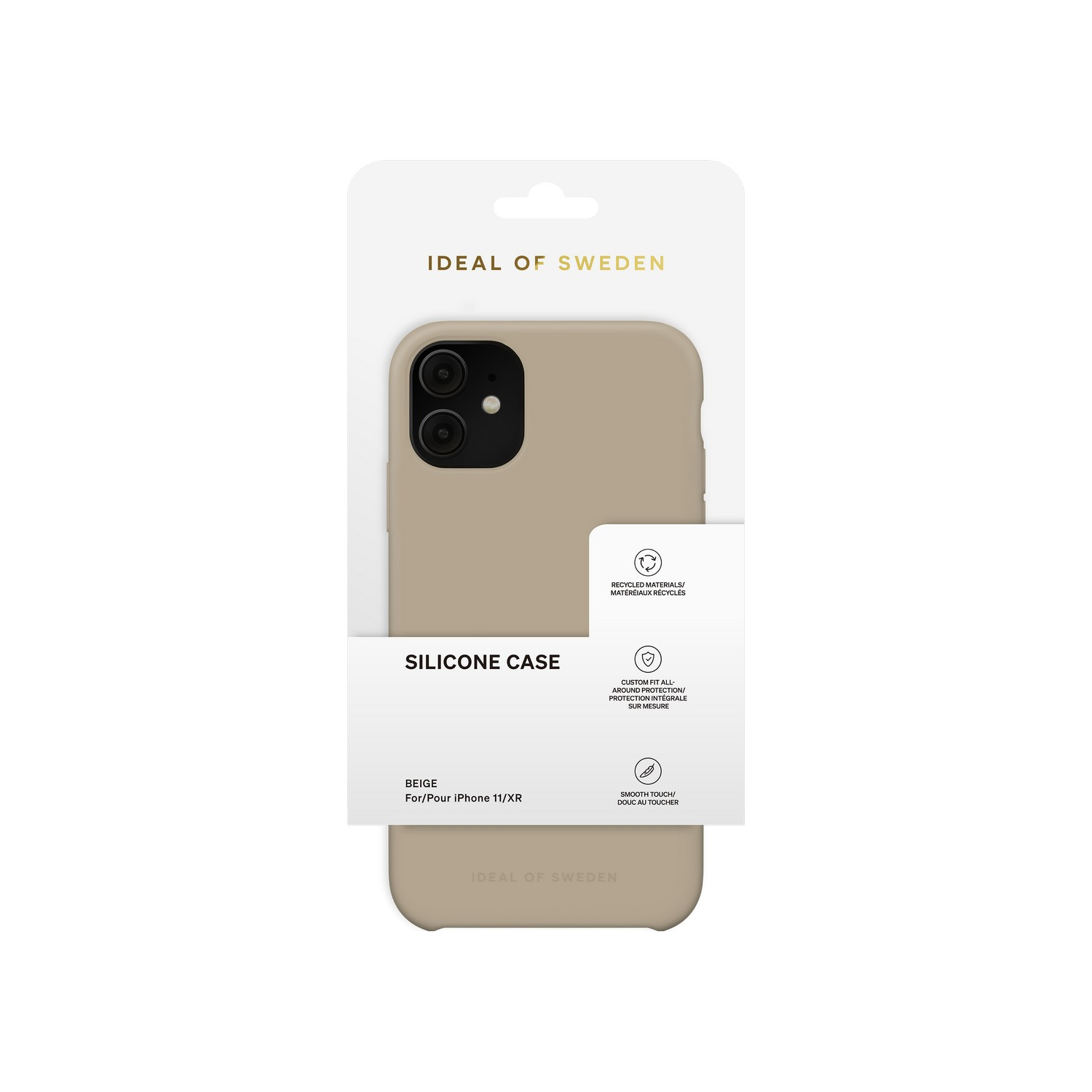 Coque de téléphone beige dans son emballage. Texte : 'Silicone Case' et 'Ideal of Sweden'.