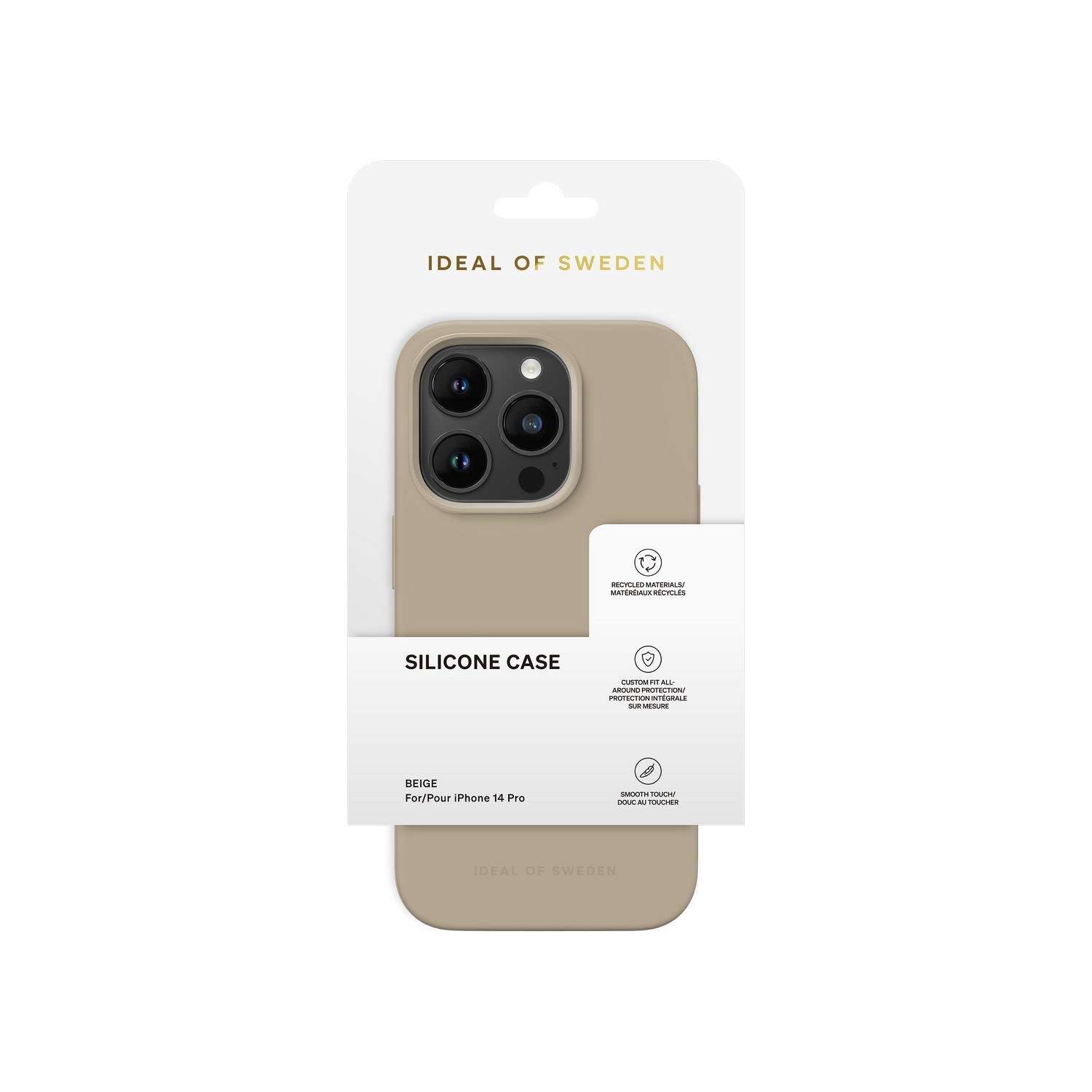 Een beige telefoonhoesje in een verpakking. De telefoonhoes is voor een iPhone 14 Pro.
