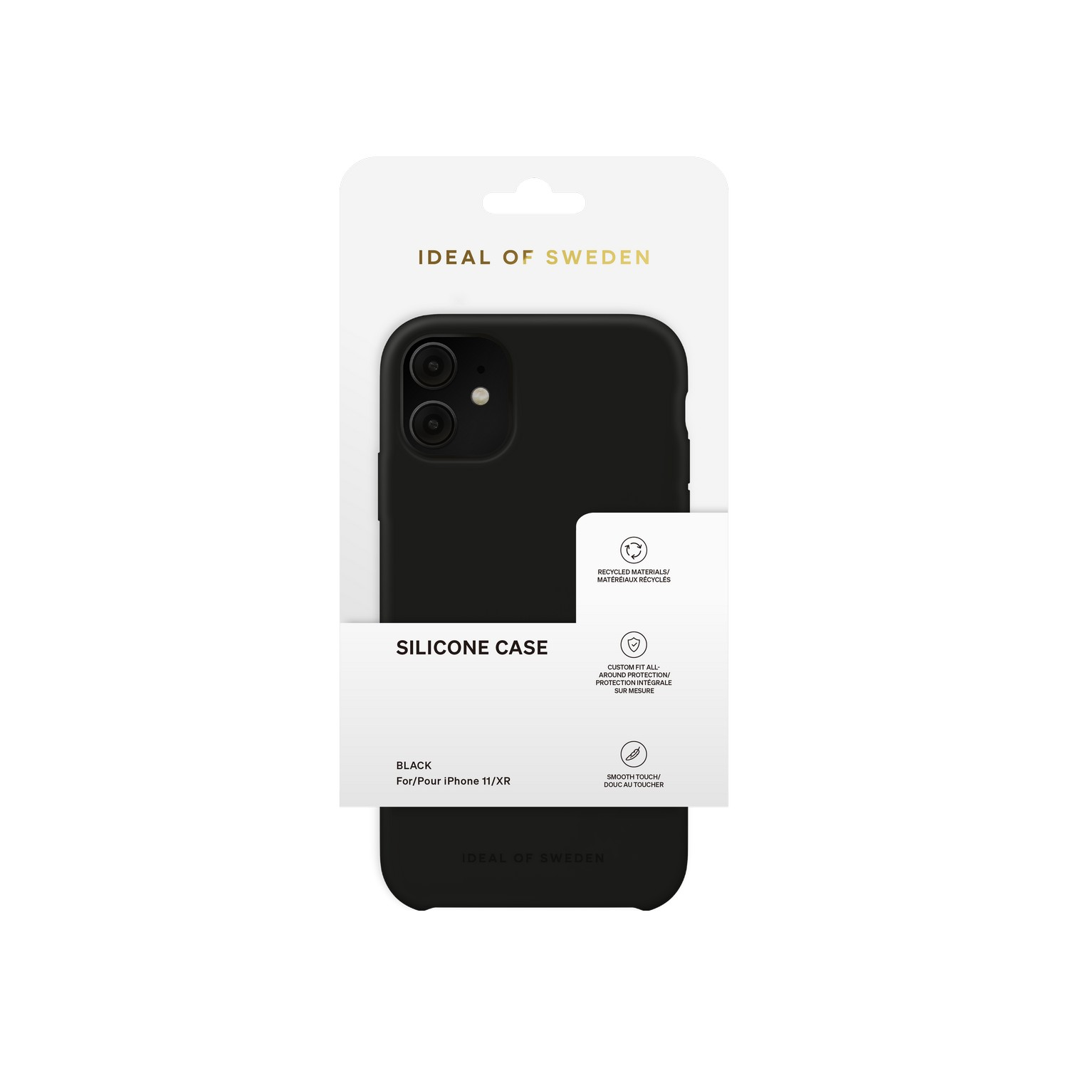 Emballage de coque de téléphone noire avec une coque à l'intérieur. Le texte dit coque en silicone.