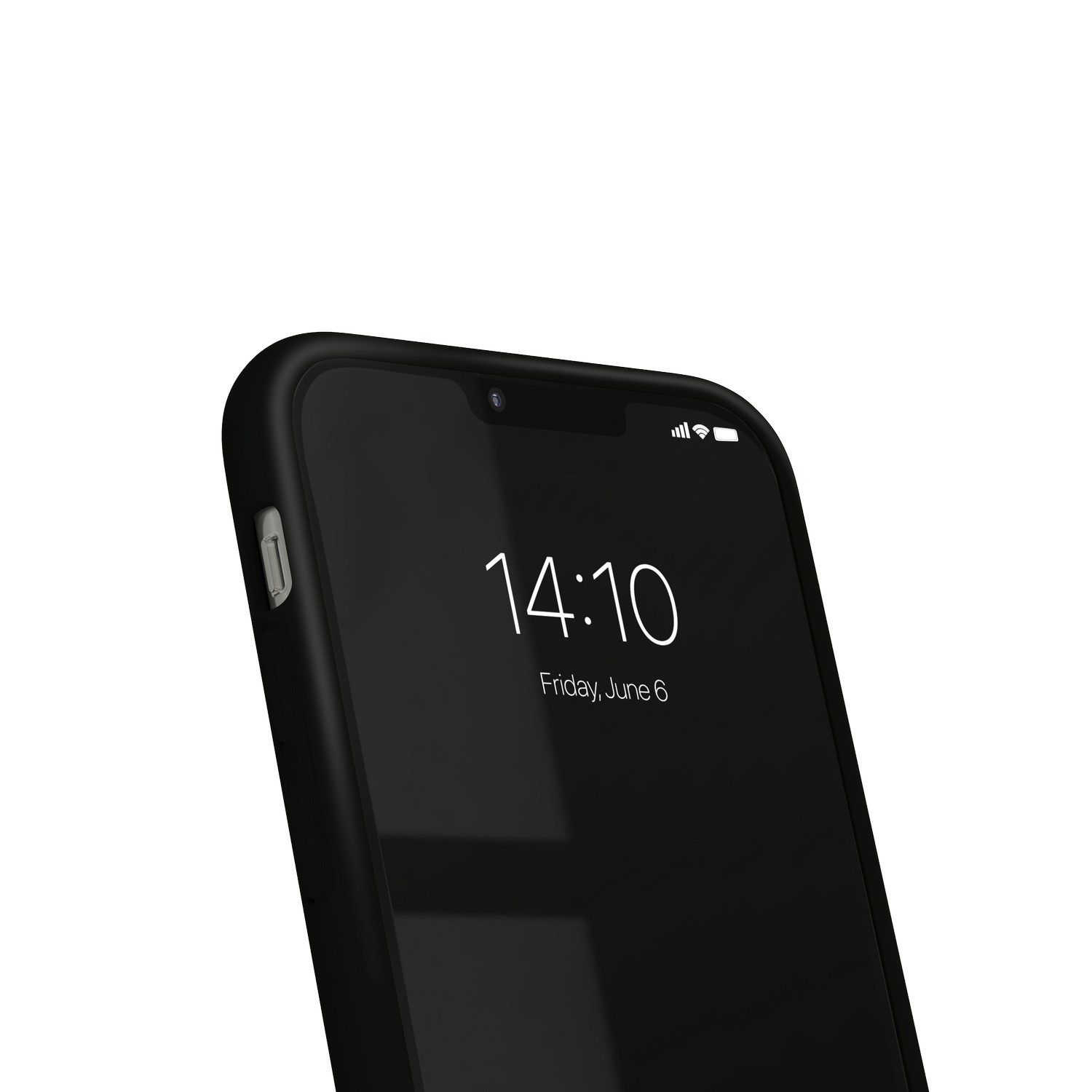 Close-up van een zwarte telefoon met tijd en datum op het scherm.