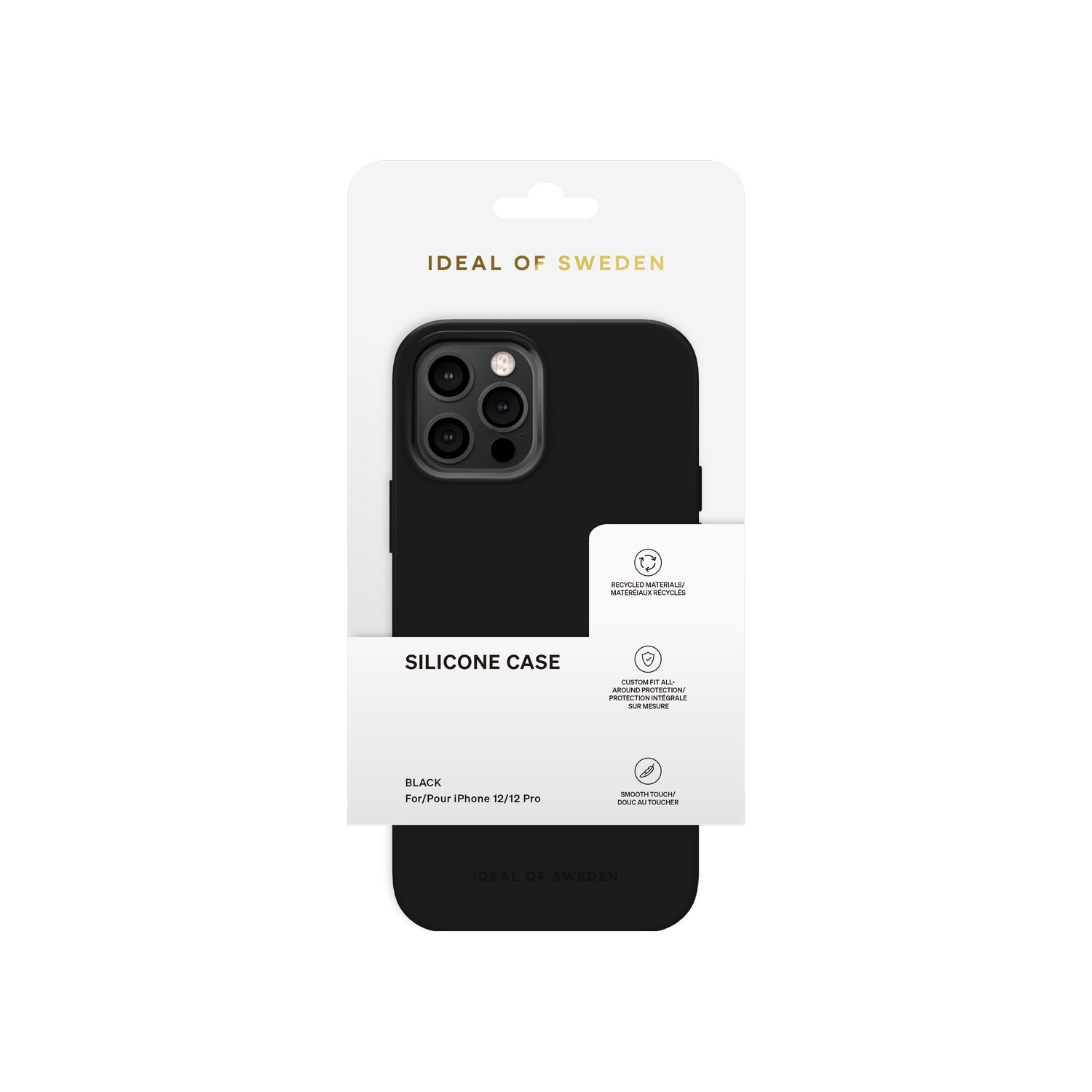 Zwarte iPhone-hoes in verpakking, met details over het product. De hoes is zwart.