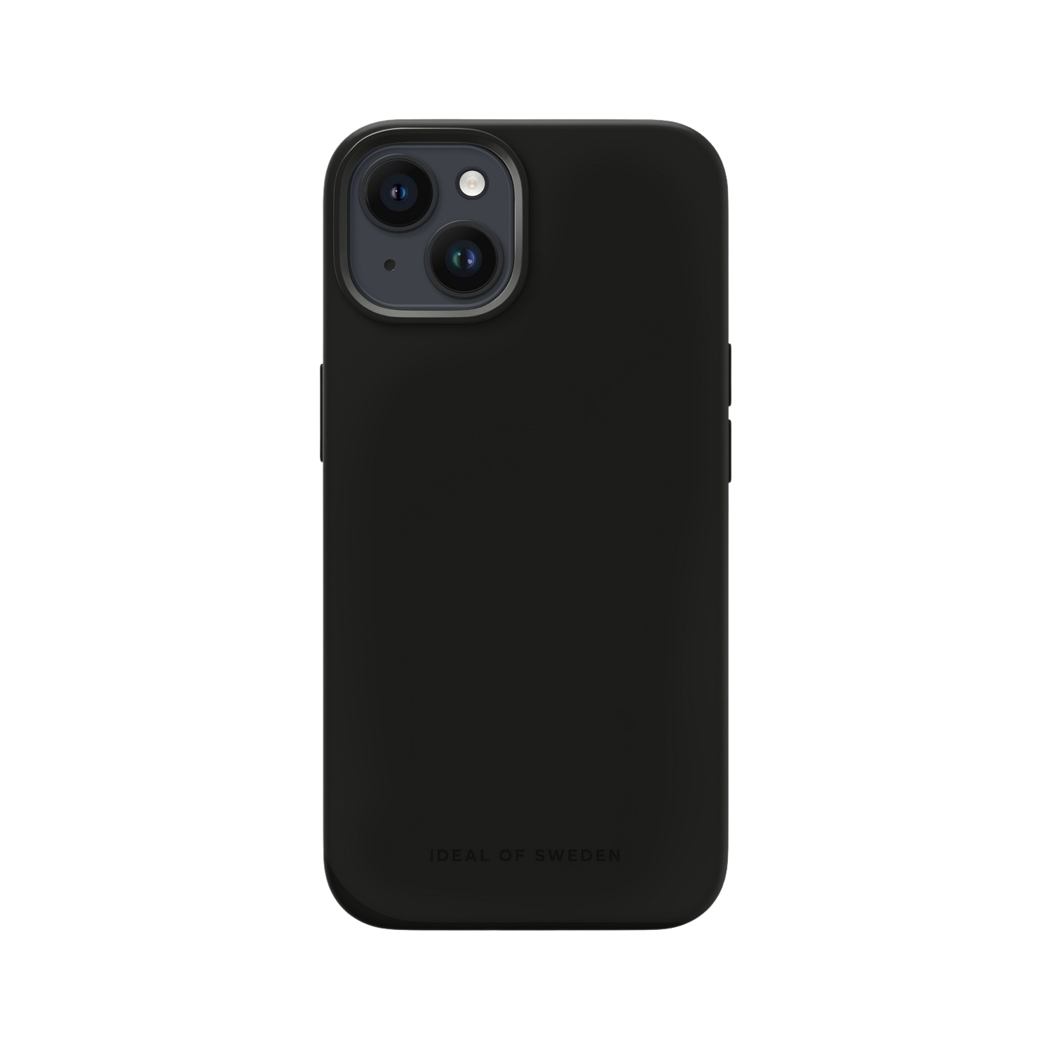 Zwarte iPhone-hoes met twee cameralenzen en een flits. De hoes zegt 'IDEAL OF SWEDEN'.