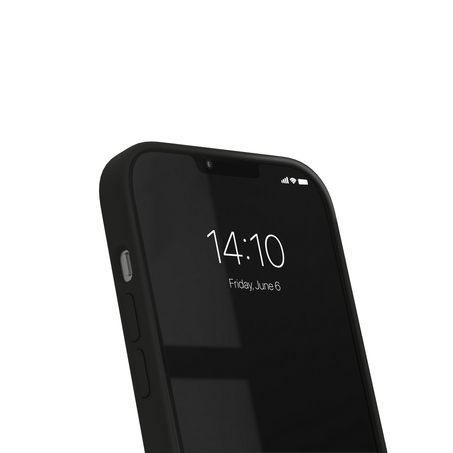 Close-up van een zwart telefoonscherm. Het toont de tijd: 14:10. De telefoon zit in een hoesje.