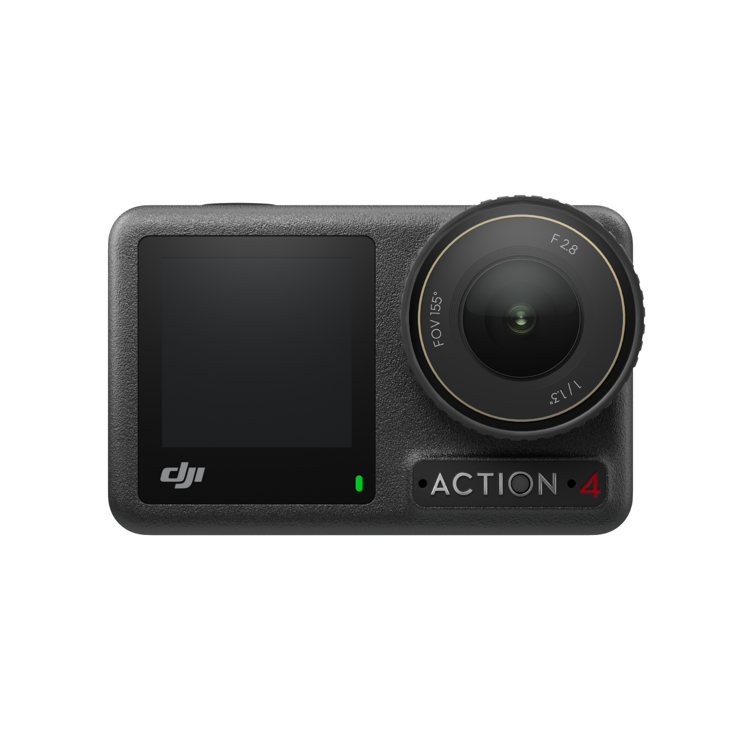 Zwarte actiecamera, met een scherm en een lens, met de tekst 'ACTION 4' in rood.