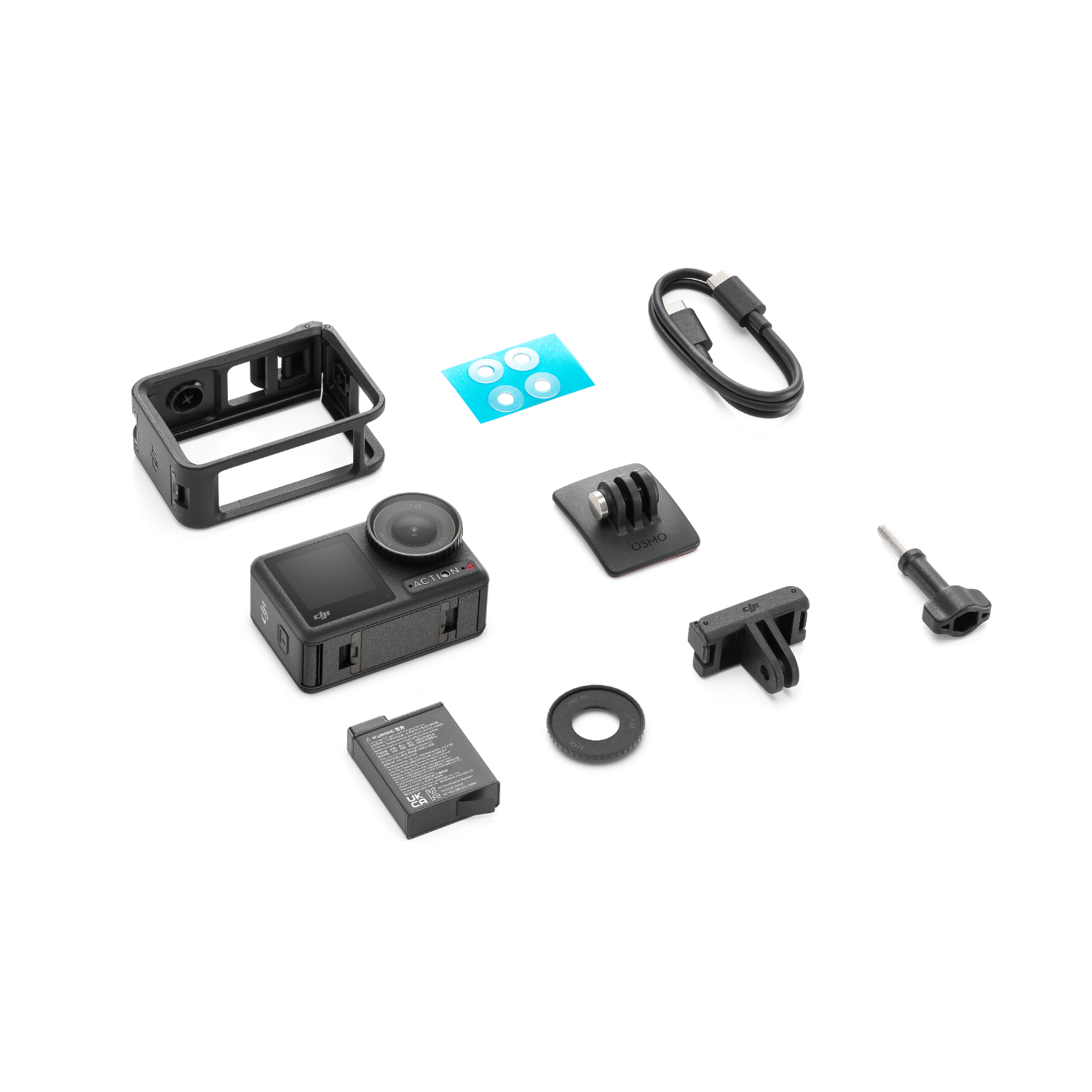 DJI action camera en accessoires, waaronder een frame, montageonderdelen en een oplaadkabel.