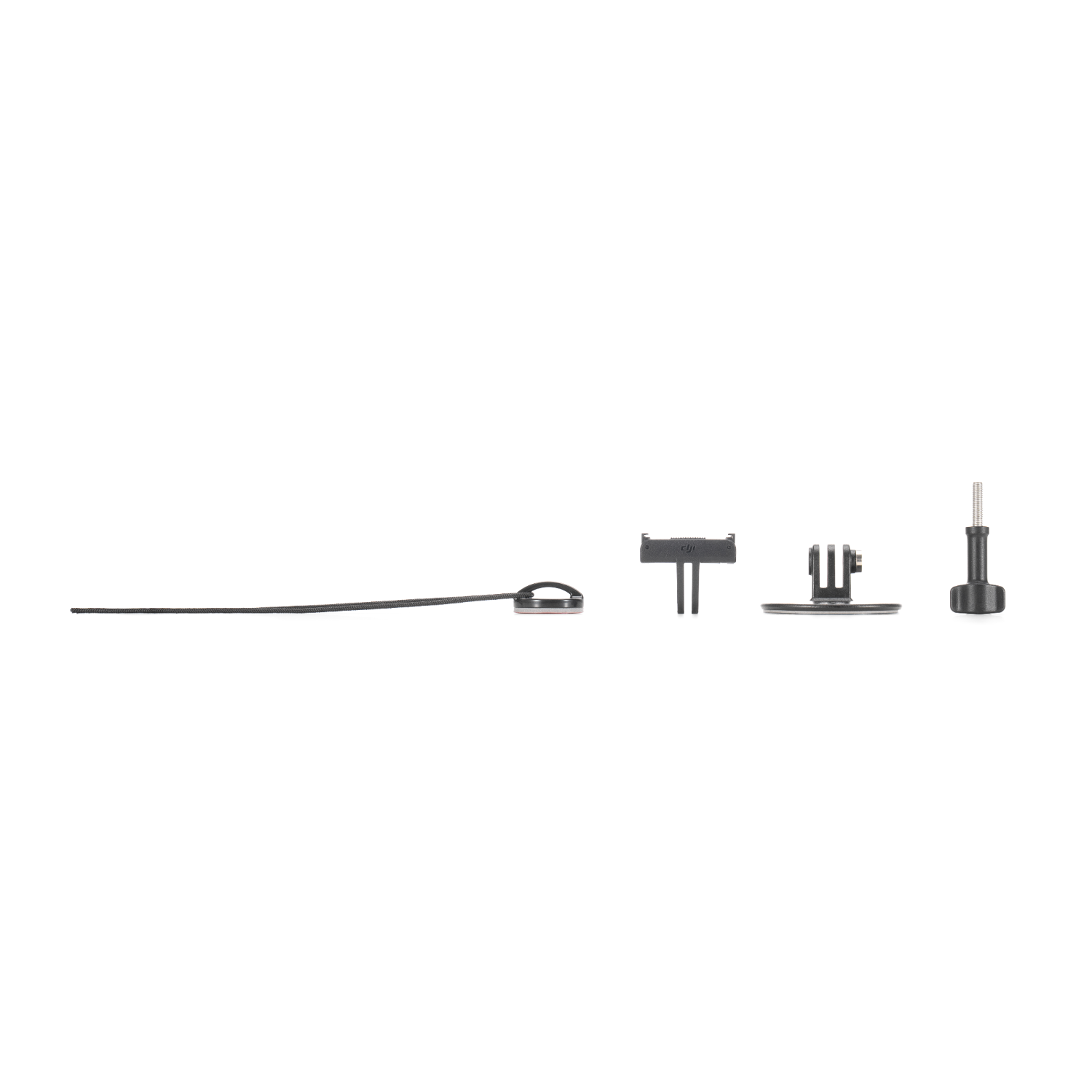 Various black GoPro accessories including a lanyard, mounts, and screws are on white.