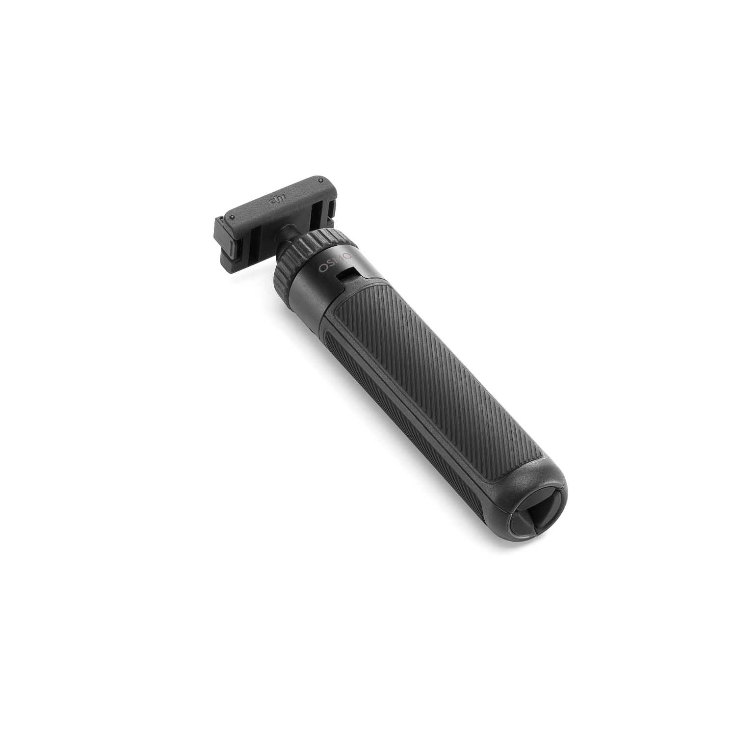 A black Osmo mobile phone grip, angled, on a white surface. The grip is a camera stabilizer.