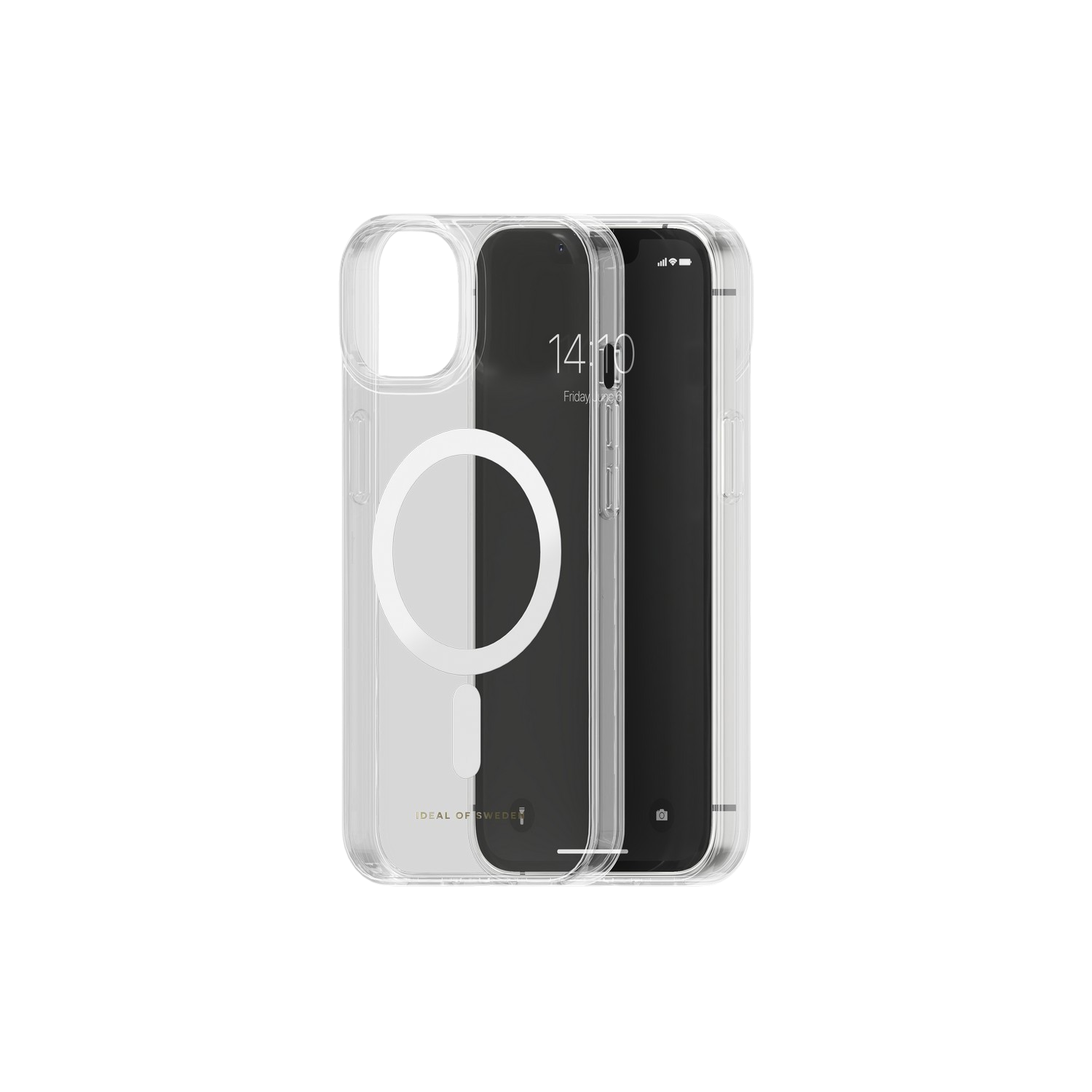Coque transparente pour téléphone avec téléphone à l'intérieur. Le téléphone affiche l'heure. Cercle blanc à l'arrière.