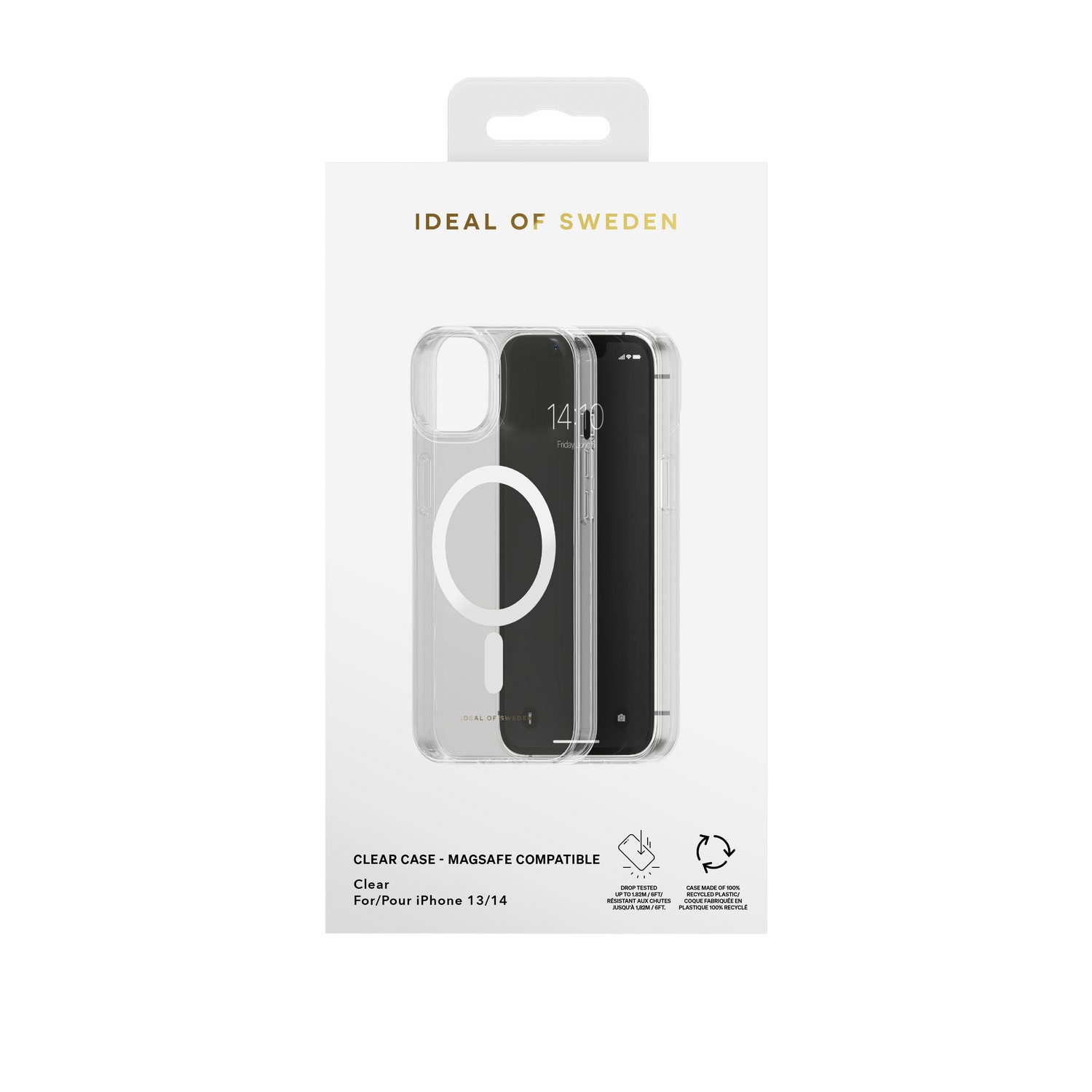 Coque transparente avec cercle MagSafe blanc, dans une boîte blanche.