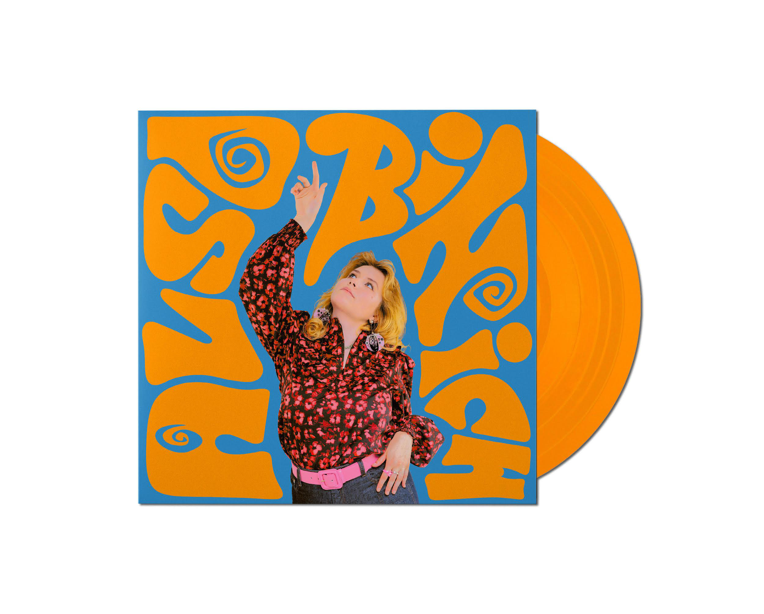 Ein Vinyl-Schallplattencover mit orangefarbenem Design und einer Frau, die nach oben zeigt.