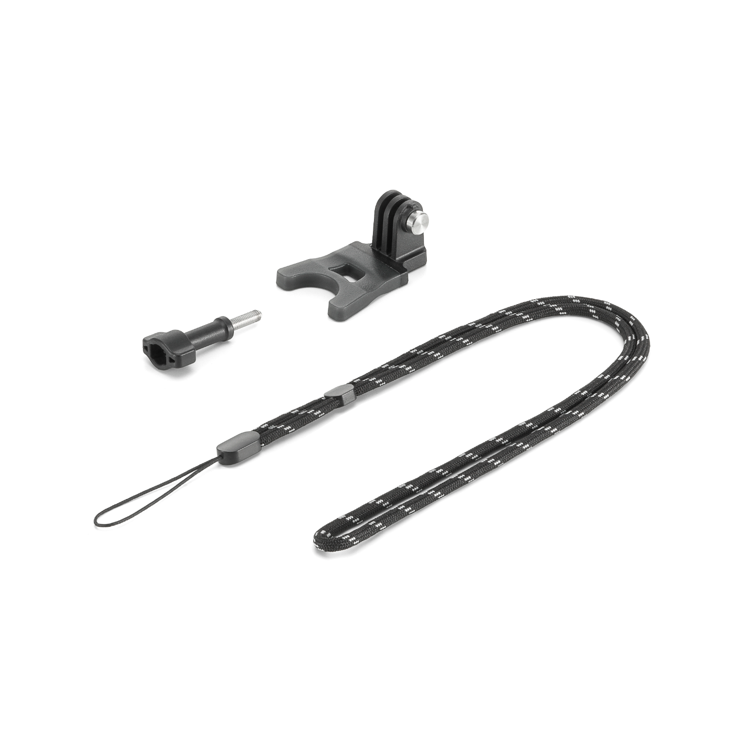 Action camera accessories: mount, screw, and a black and white patterned wrist strap.