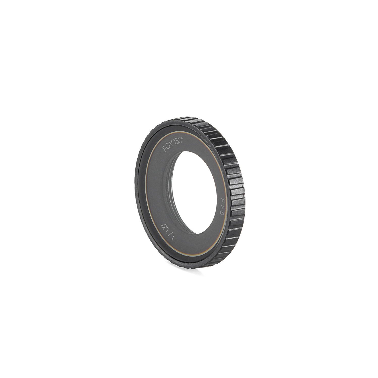 A black lens with FOV 155° inscription, with a gold ring and a white background.