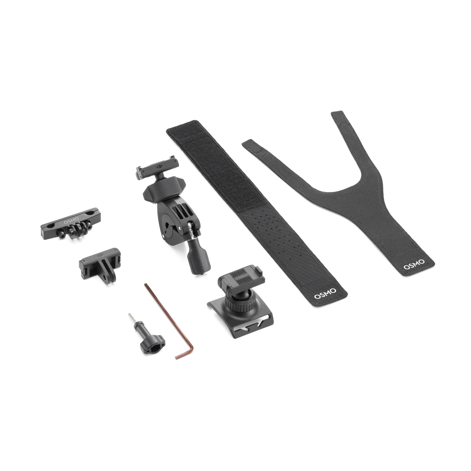 Camera mounting accessories, including a screw, a bracket, and a strap.