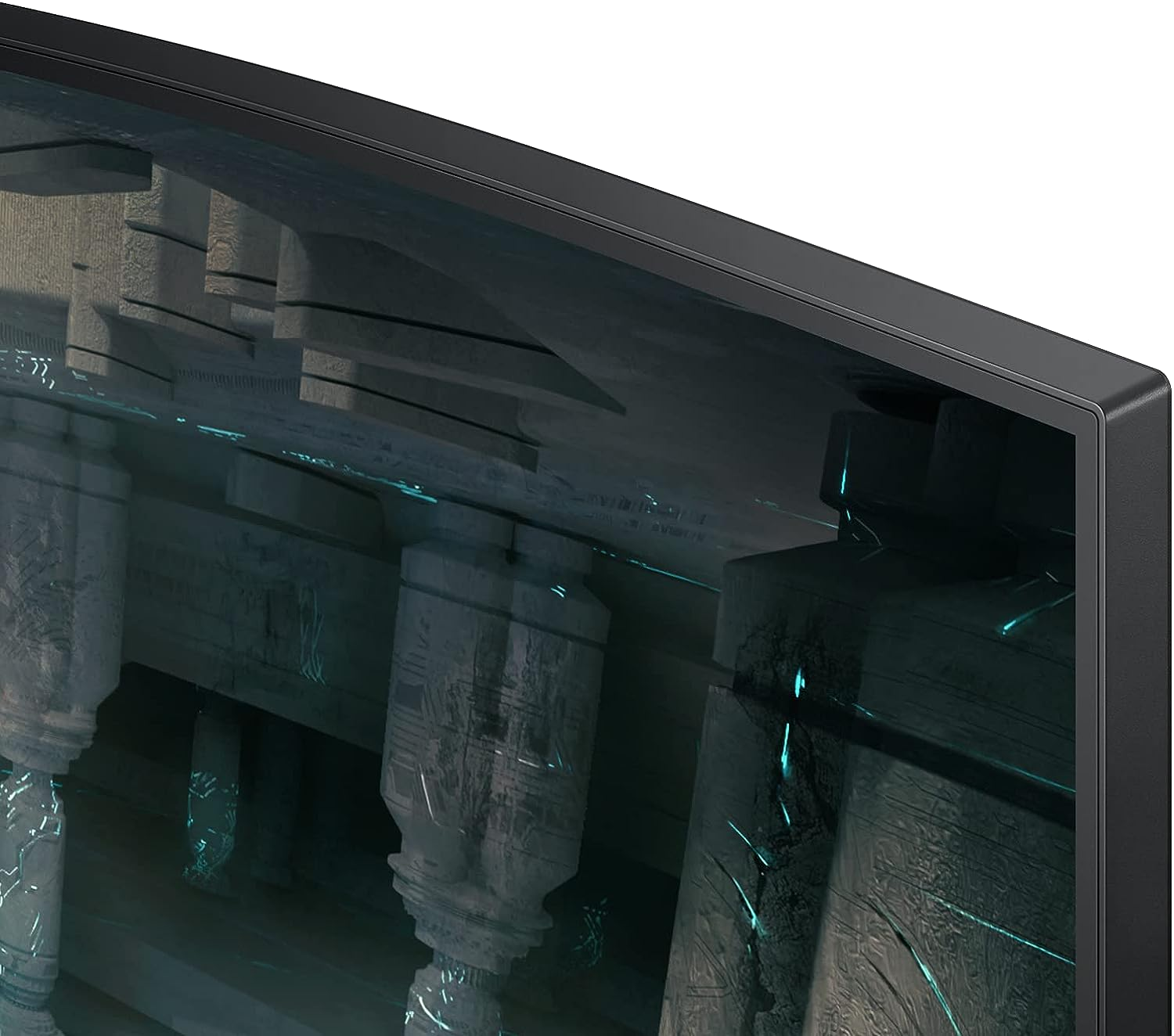 Egy ívelt monitor közelképe, amely egy sci-fi témájú környezetet jelenít meg oszlopokkal és türkiz ragyogással.