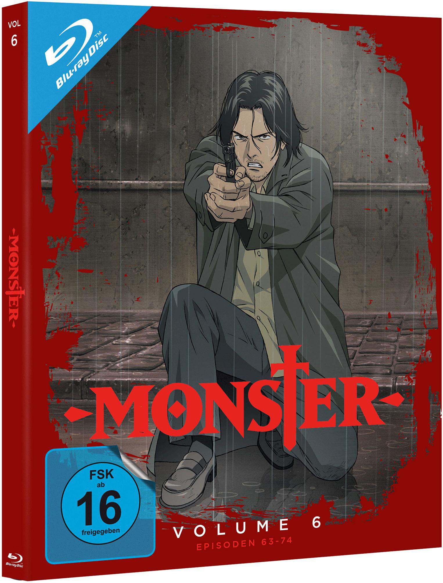 Ein Blu-ray-Disc-Hülle mit einem Mann, der eine Waffe anvisiert. Der Titel ist Monster.