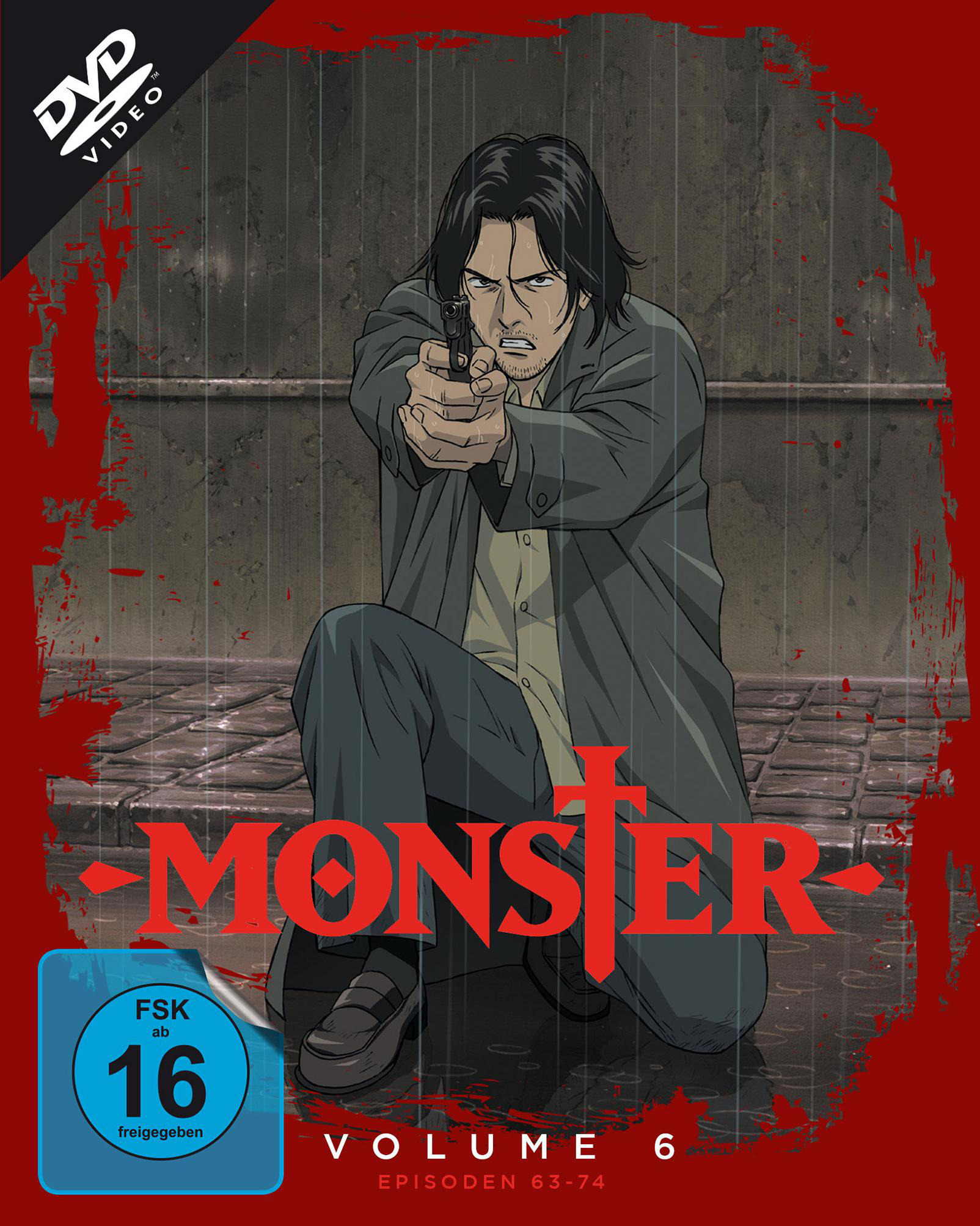Anime-DVD-Cover mit Mann mit Waffe, rotem und schwarzem Hintergrund.