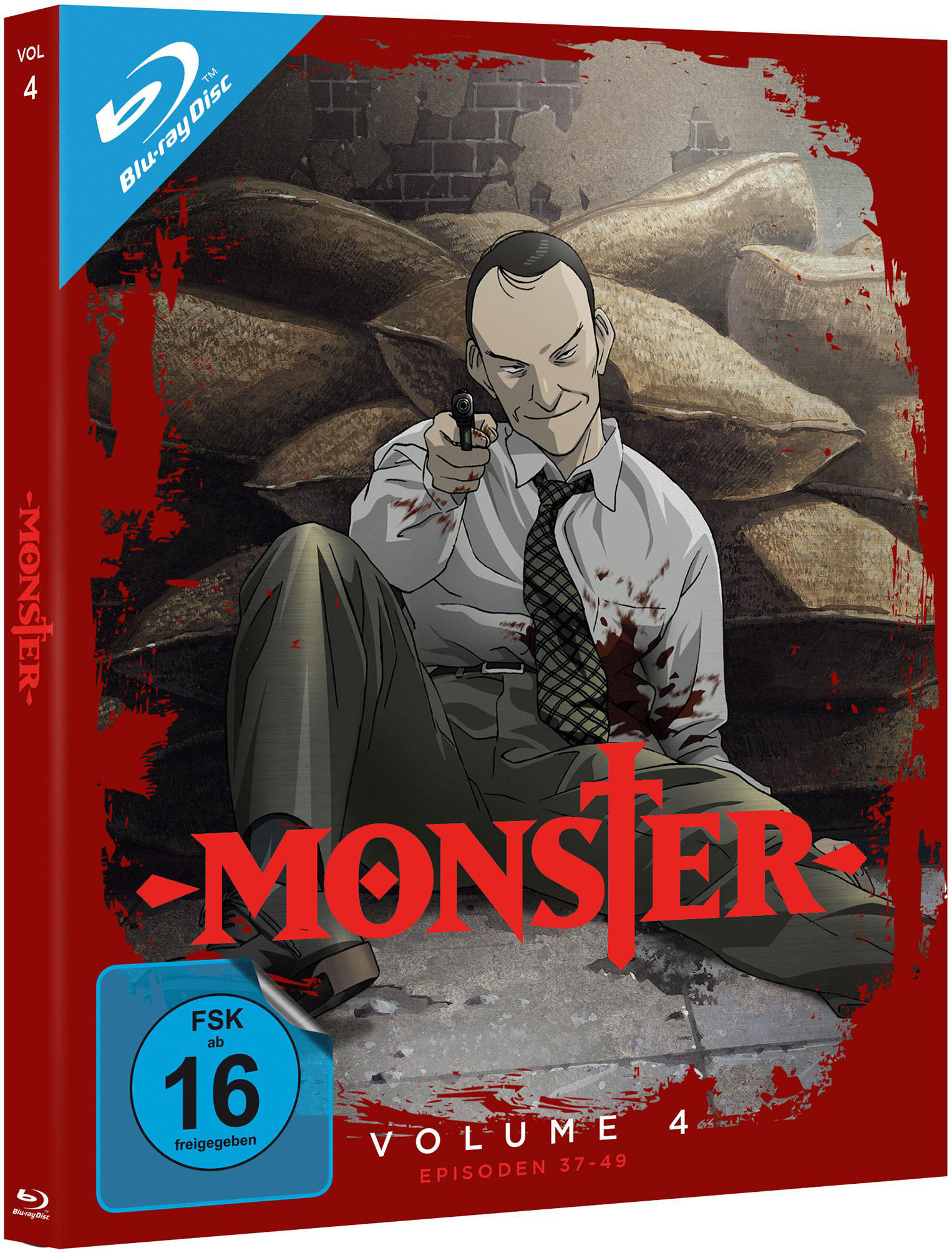Blu-ray-Disc-Hülle für den Anime 'Monster'. Mit Mann mit Waffe, rotem Cover und deutschem Text.