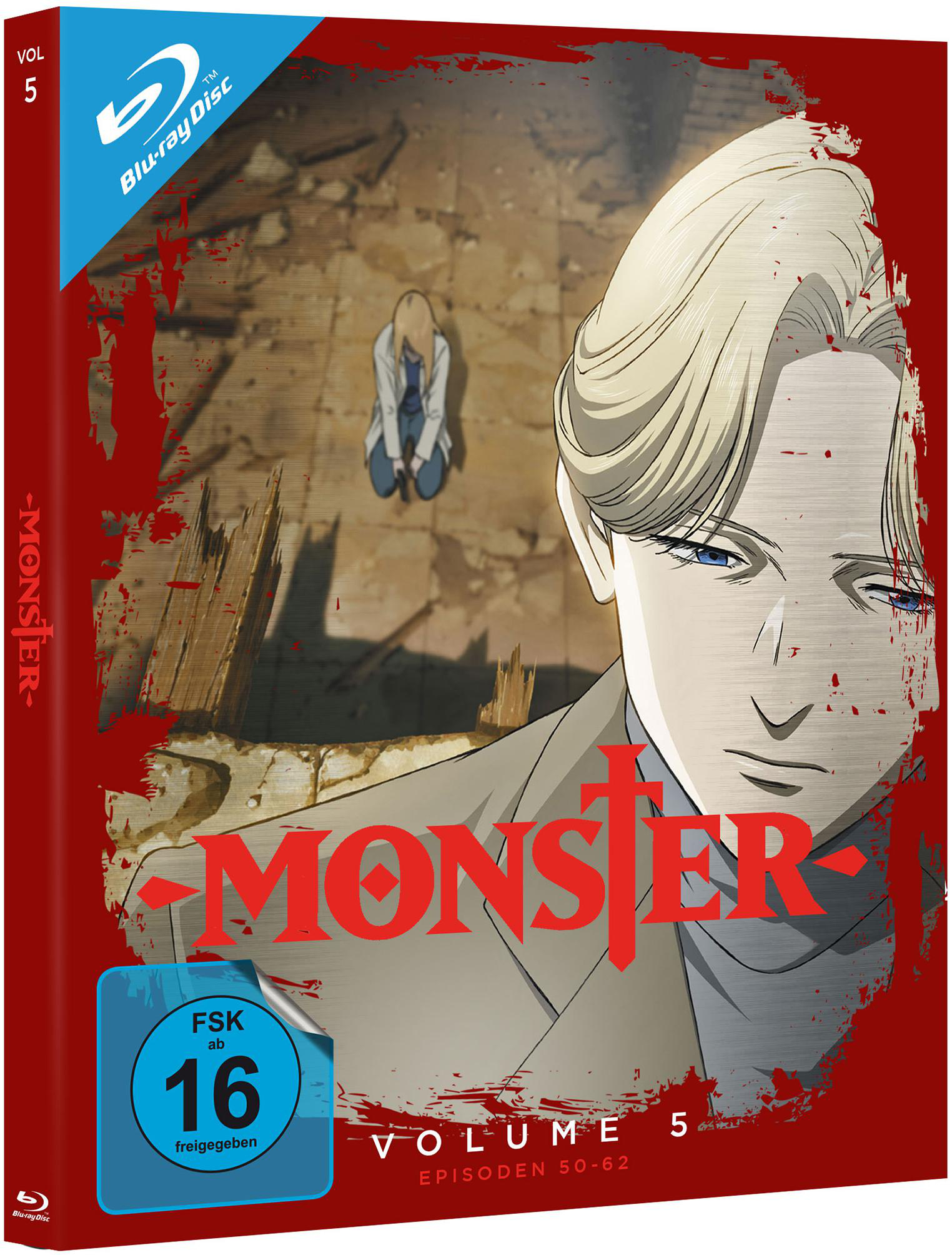 Anime Blu-ray Disc: Blondhaariger Mann und Text 'Monster' auf dem Cover, eine kniende Person im Hintergrund.