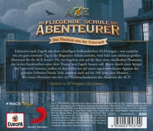 Buchcover. Titel: Die fliegende Schule der Abenteuer. Bild eines Gebäudes und eines Vogels.