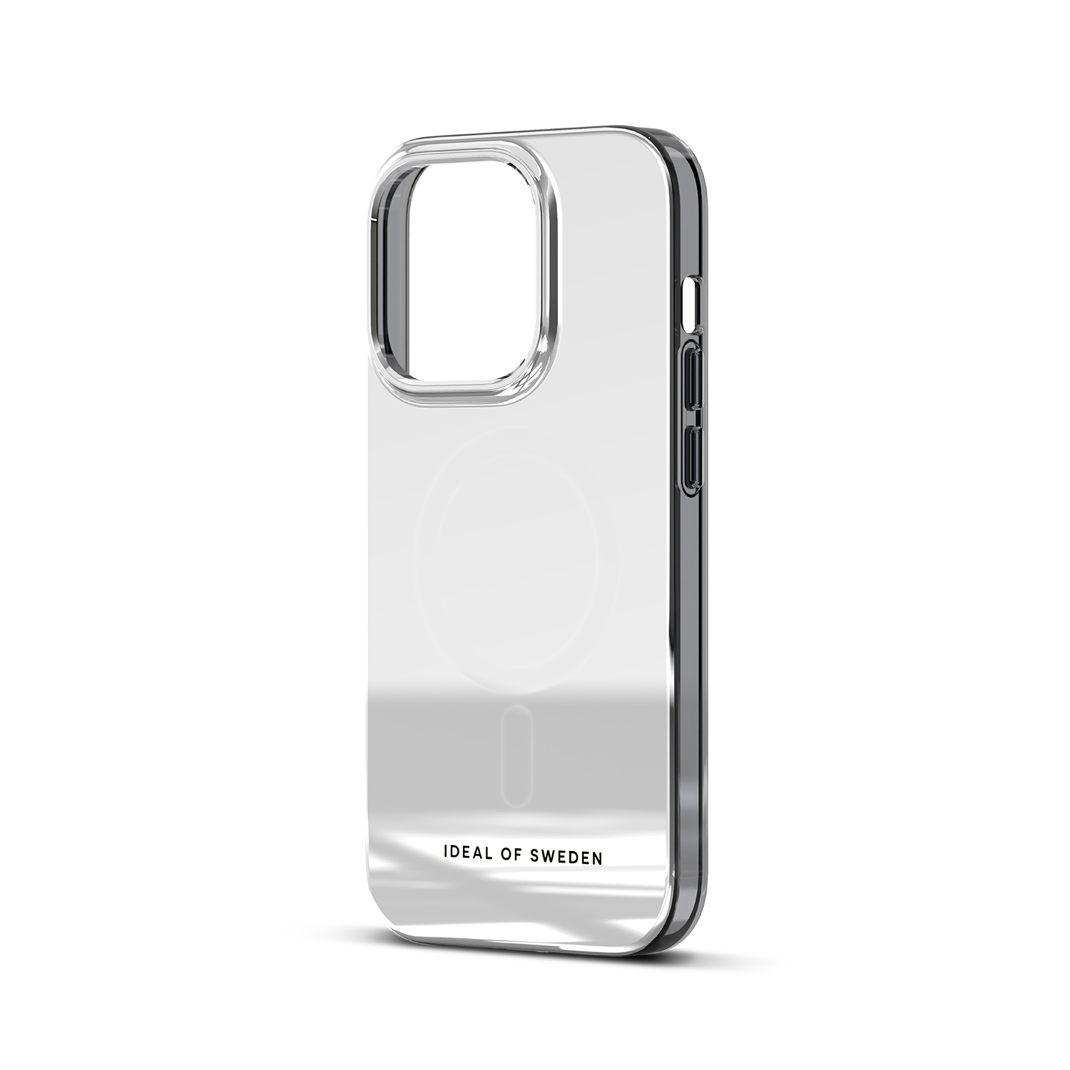 Zilveren iPhone-hoesje met een doorzichtige achterkant en Ideal of Sweden branding.