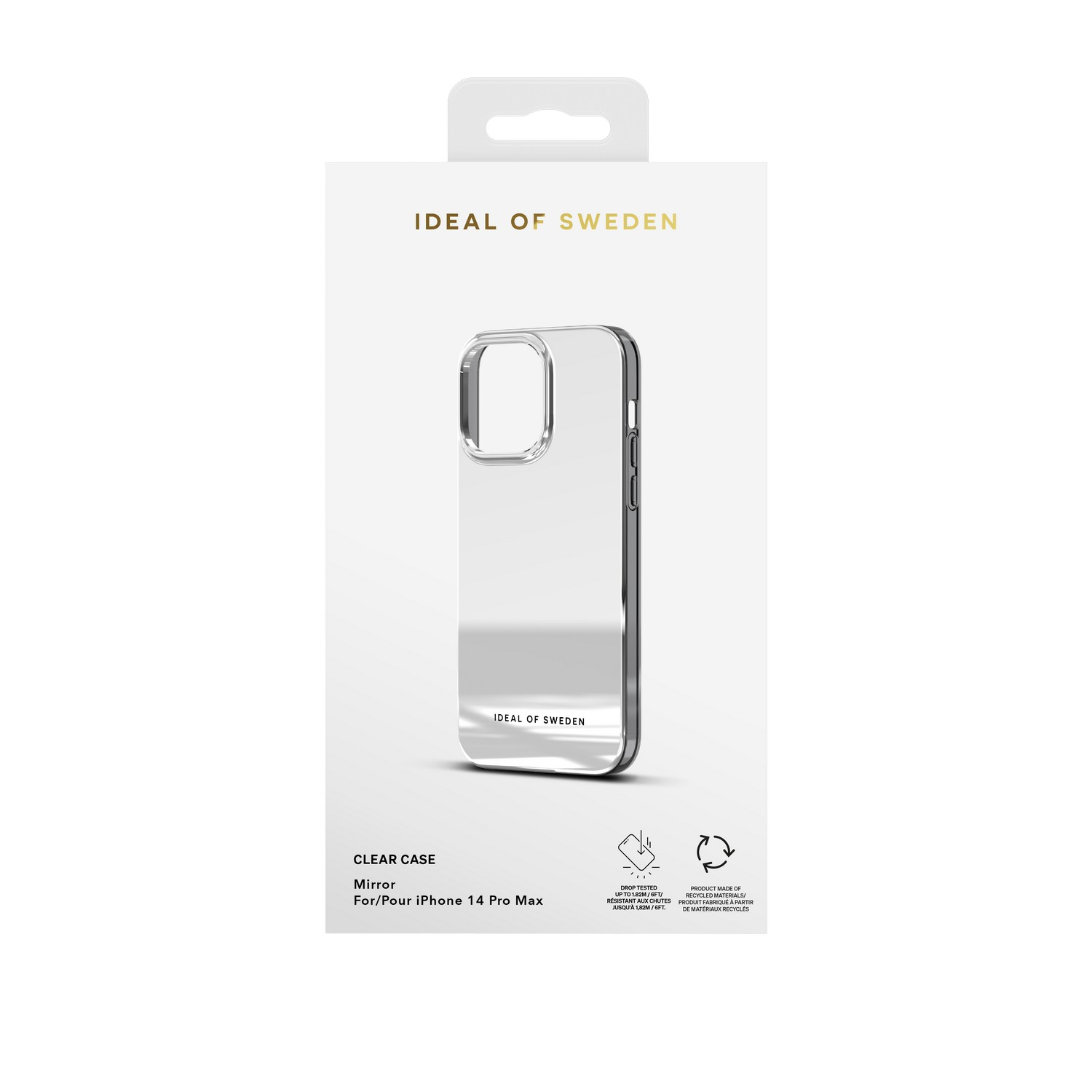 Coque de téléphone miroir transparente dans une boîte, marque Ideal of Sweden. Fond blanc.