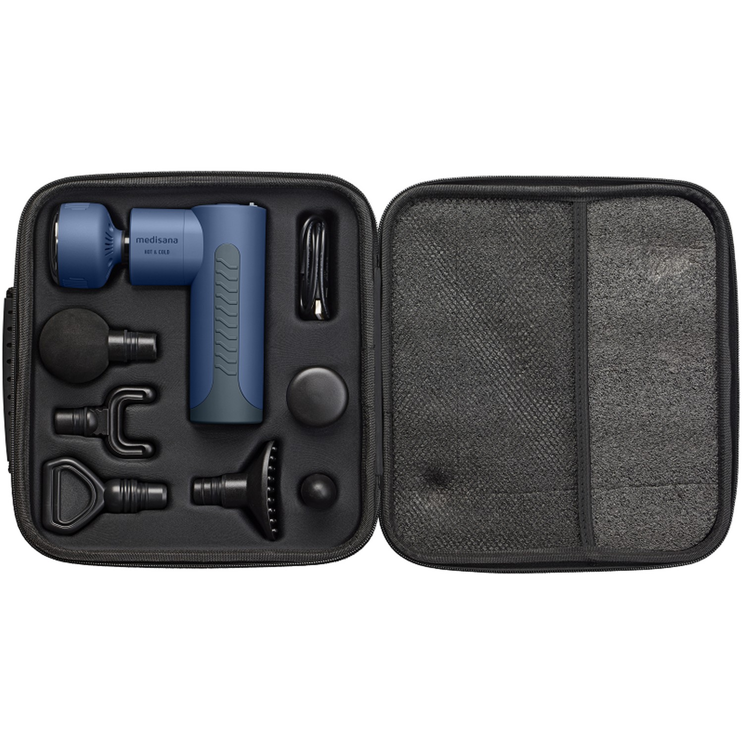 A blue massage gun in a black case, with various attachments and accessories.