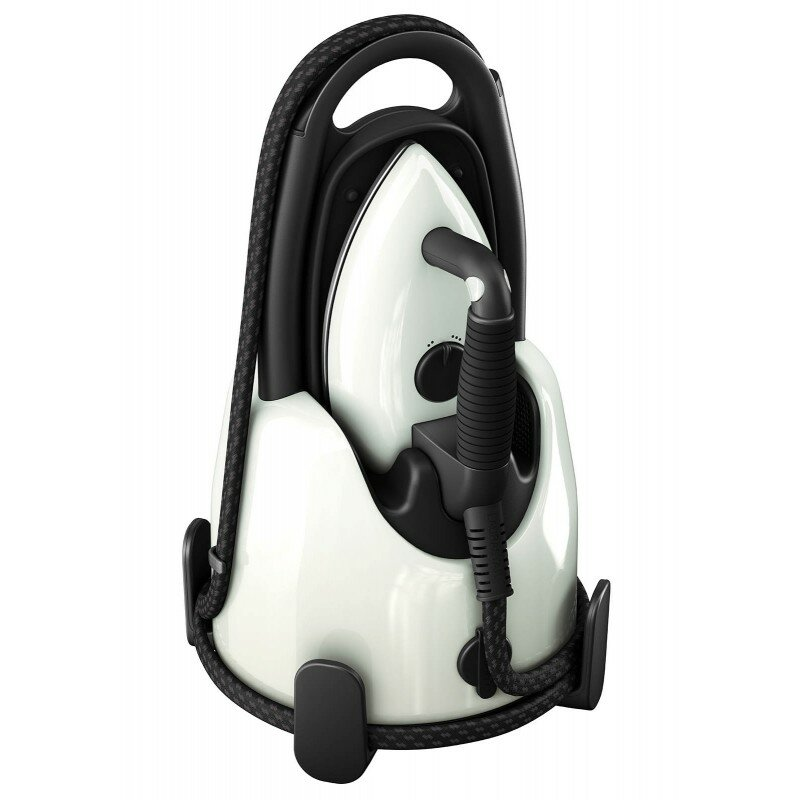 Białe i czarne żelazko z podstawą, z czarnym kablem i uchwytem.