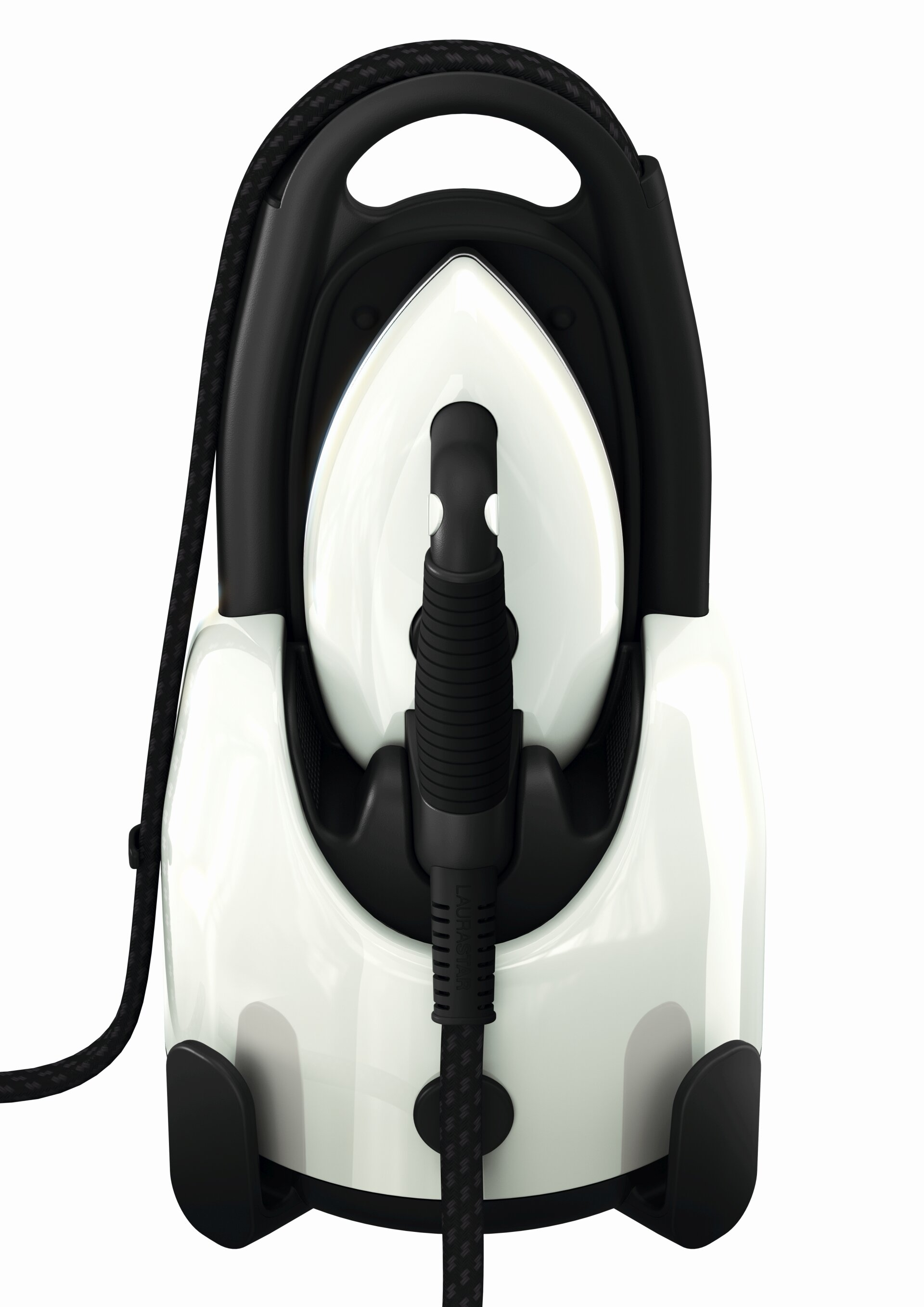 Biało-czarne żelazko w uchwycie. Żelazko ma czarny przewód.