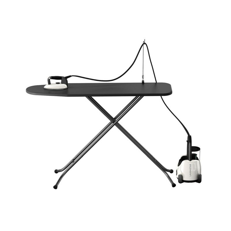 Deska do prasowania z żelazkiem i generatorem pary. Czarna deska, biały generator.