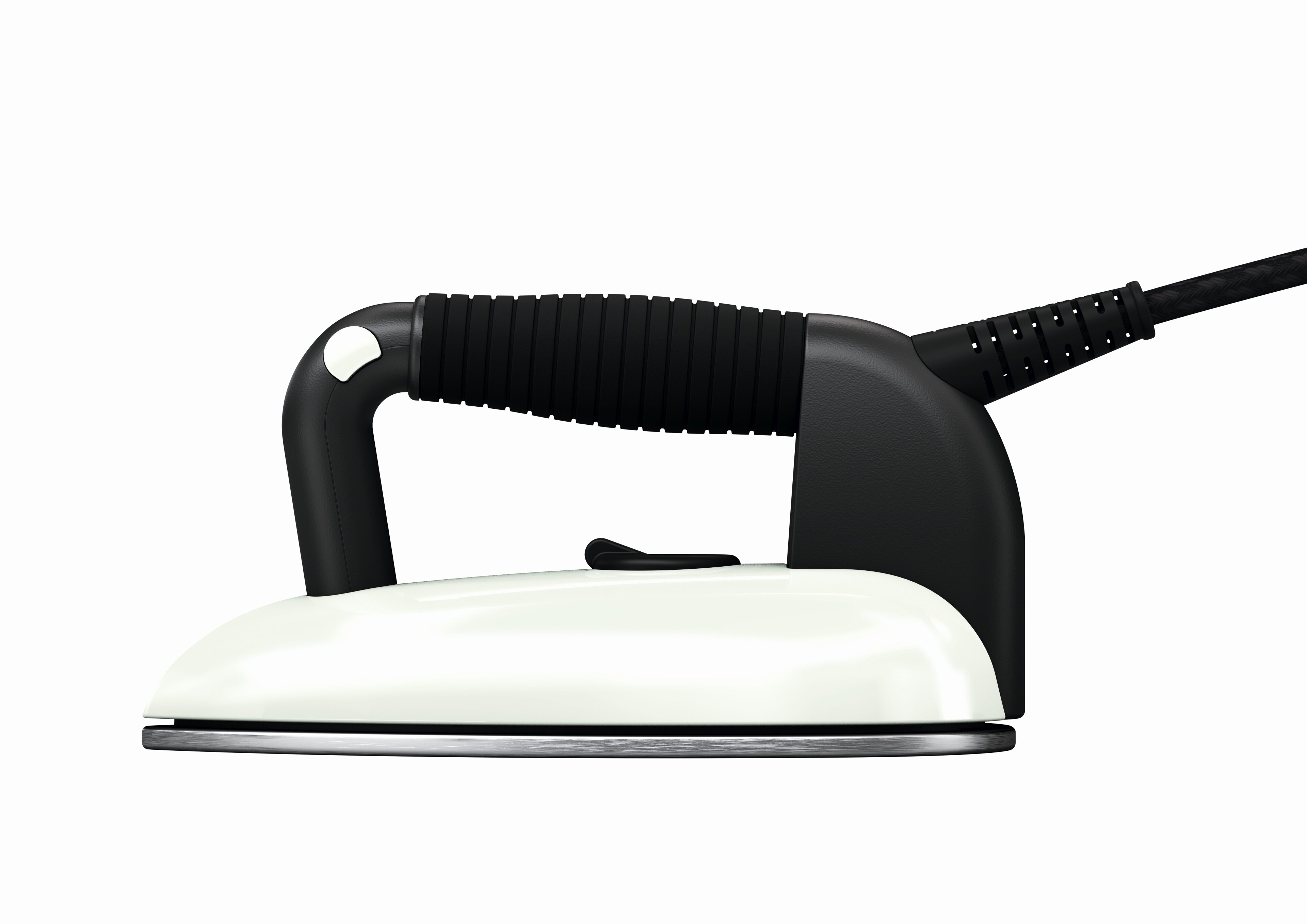 Biało-czarne żelazko, widok z boku. Posiada uchwyt i czarny przewód zasilający.