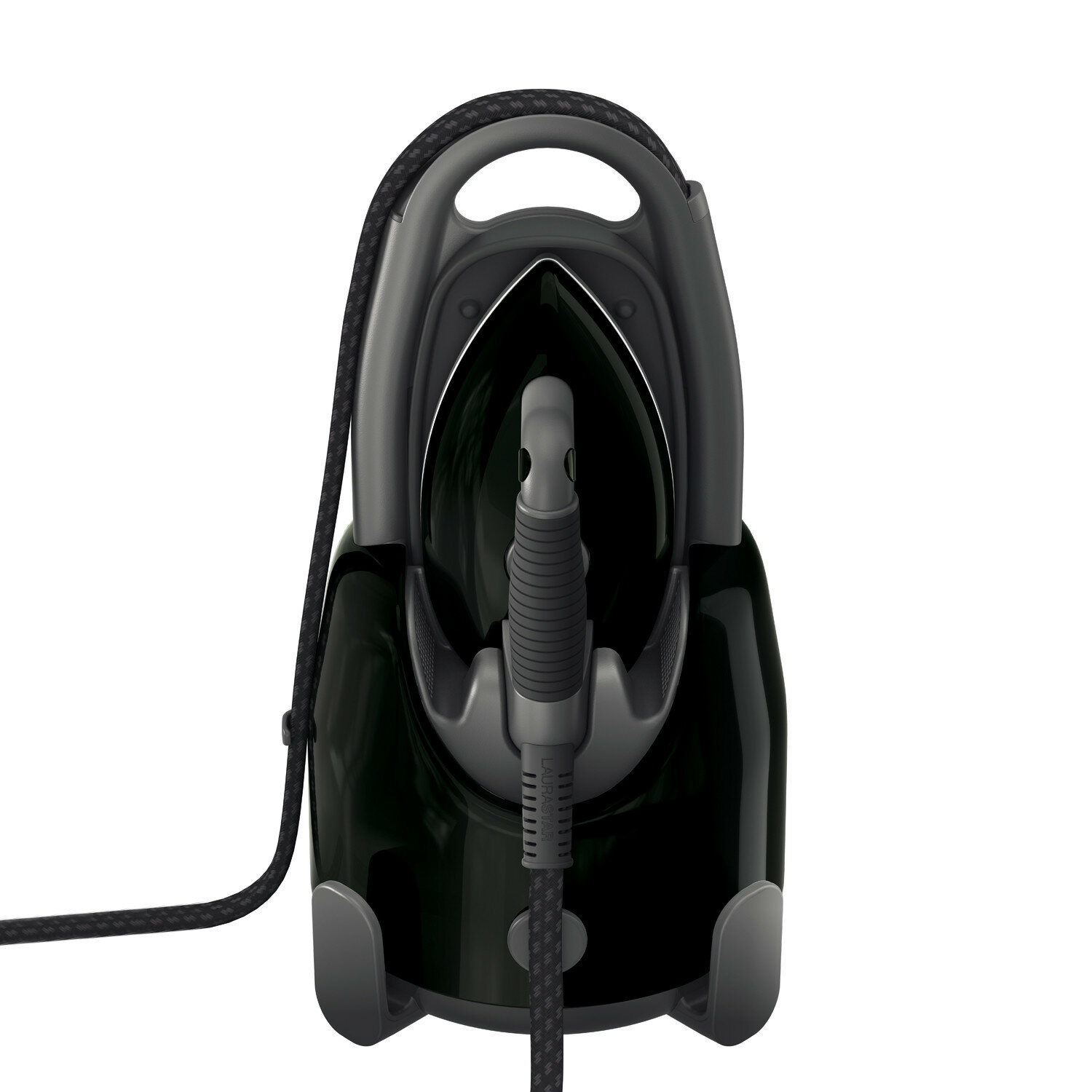 Czarny i szary parownik do ubrań z uchwytem, wężem i głowicą. Białe tło.