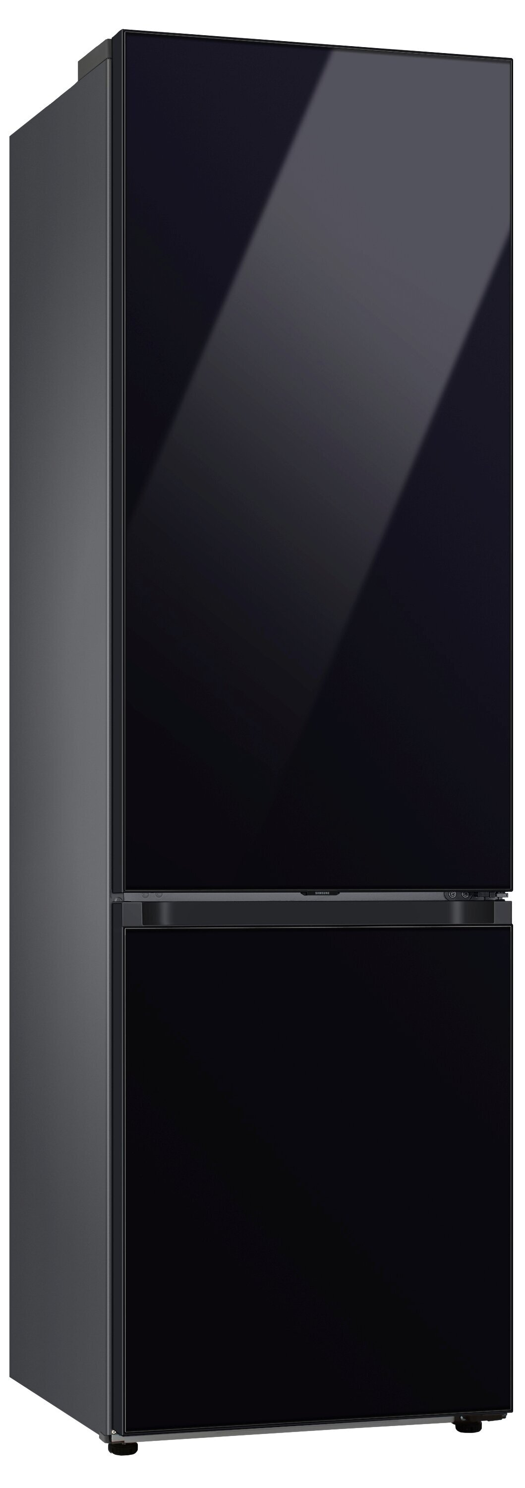 Czarna lodówka Samsung z dwiema drzwiami. Górne drzwi to szklany panel. Białe tło.