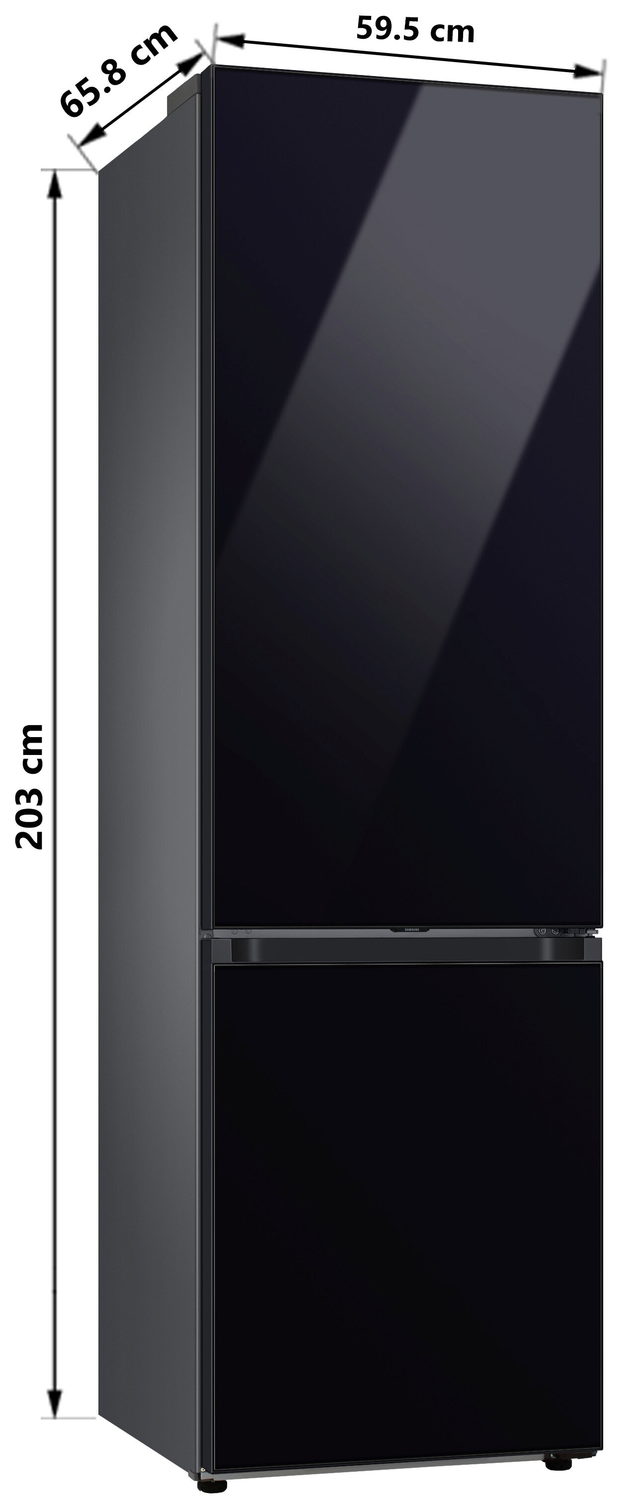 Czarna lodówka o wymiarach: 203 cm wysokości, 59,5 cm szerokości, 65,8 cm głębokości.