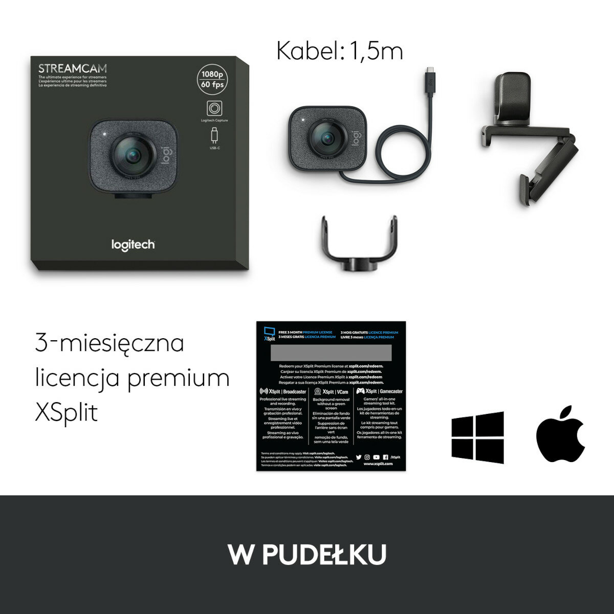 Pudełko z kamerą internetową Logitech i akcesoria, w tym kabel, uchwyt i karta informacyjna.