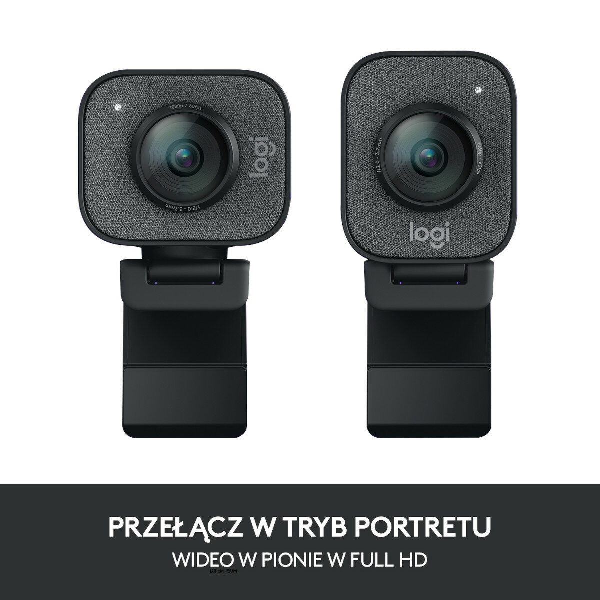 Dwie kamery internetowe obok siebie. Są czarne, z obiektywem i fakturą podobną do tkaniny z przodu.