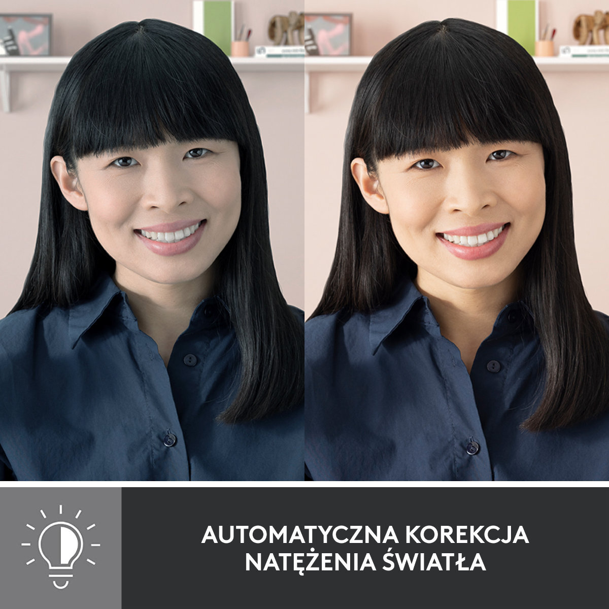 Twarz kobiety przed i po korekcji światła, z napisem "AUTOMATYCZNA KOREKCJA NATĘŻENIA ŚWIATŁA".