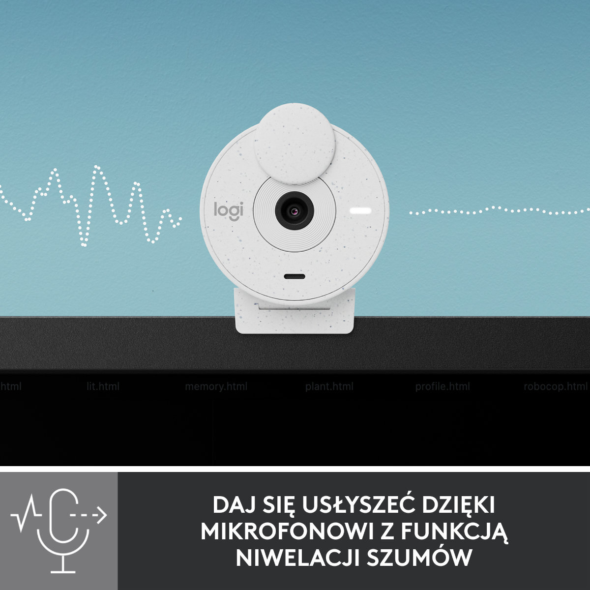 Biała kamera internetowa z nakrapianym wzorem na niebieskim tle. Ma ikonę mikrofonu i tekst po polsku: Słuchaj z redukcją szumów.