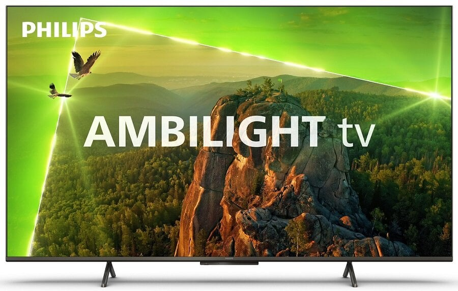 Telewizor Philips Ambilight pokazujący krajobraz z ptakami w locie.