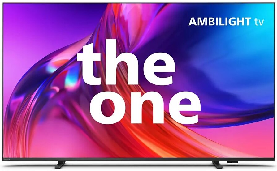 Telewizor Philips Ambilight wyświetla żywy, wielokolorowy abstrakcyjny wzór na czarnej ramce i podstawie.