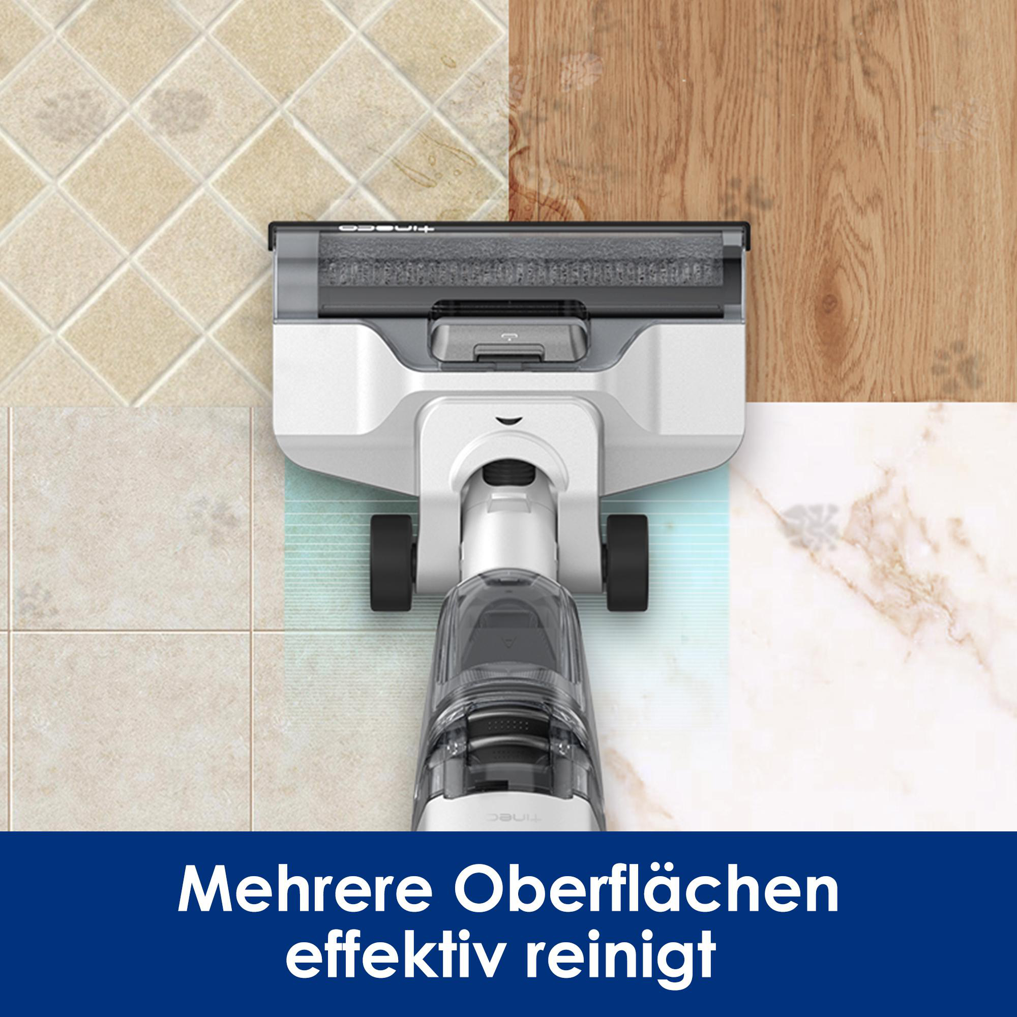 Ein Staubsauger reinigt verschiedene Bodenbeläge. Das Bild zeigt mehrere Bodenmuster.