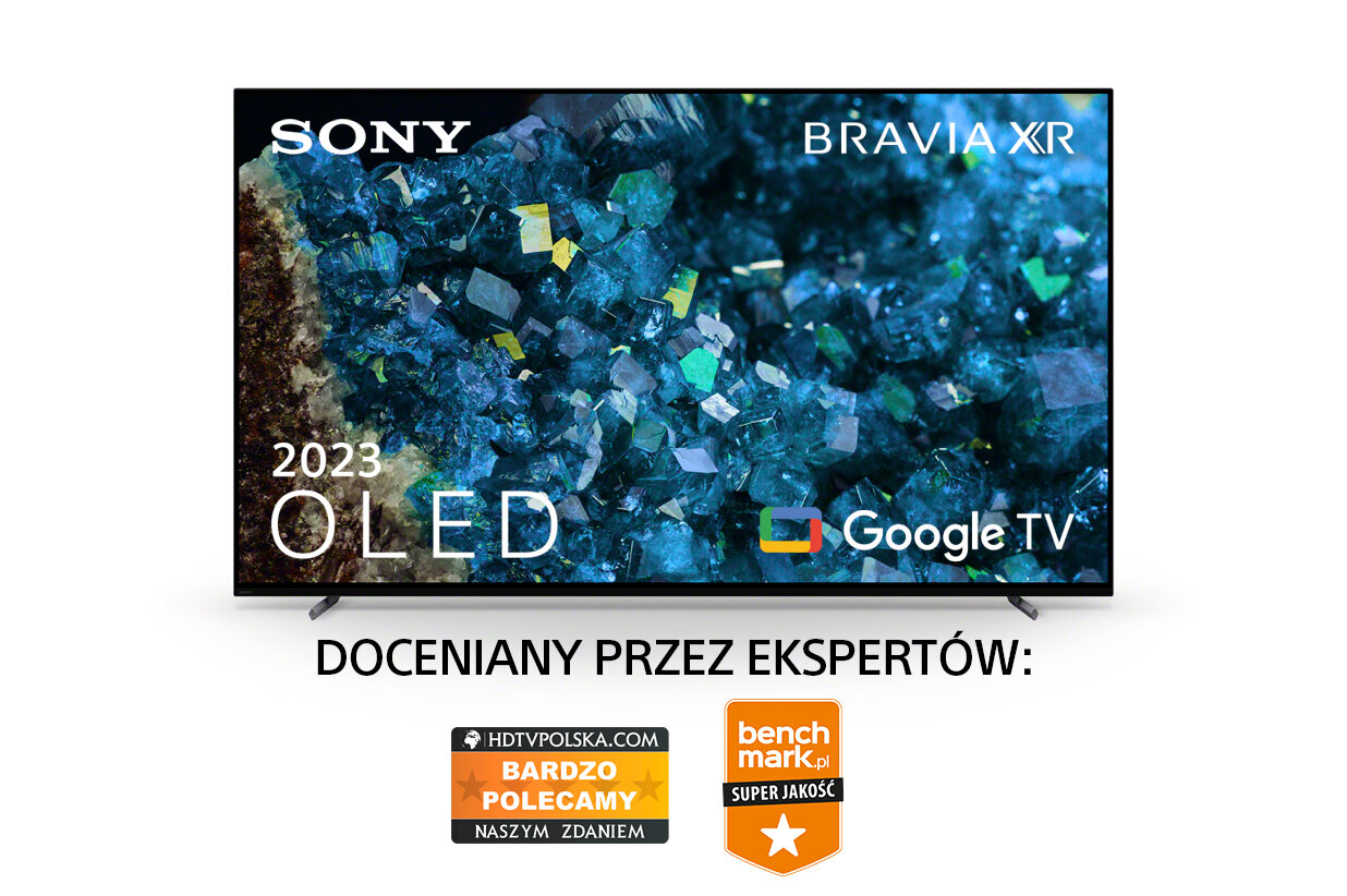 Telewizor Sony Bravia XR OLED z interfejsem Google TV, z odznakami recenzji ekspertów.
