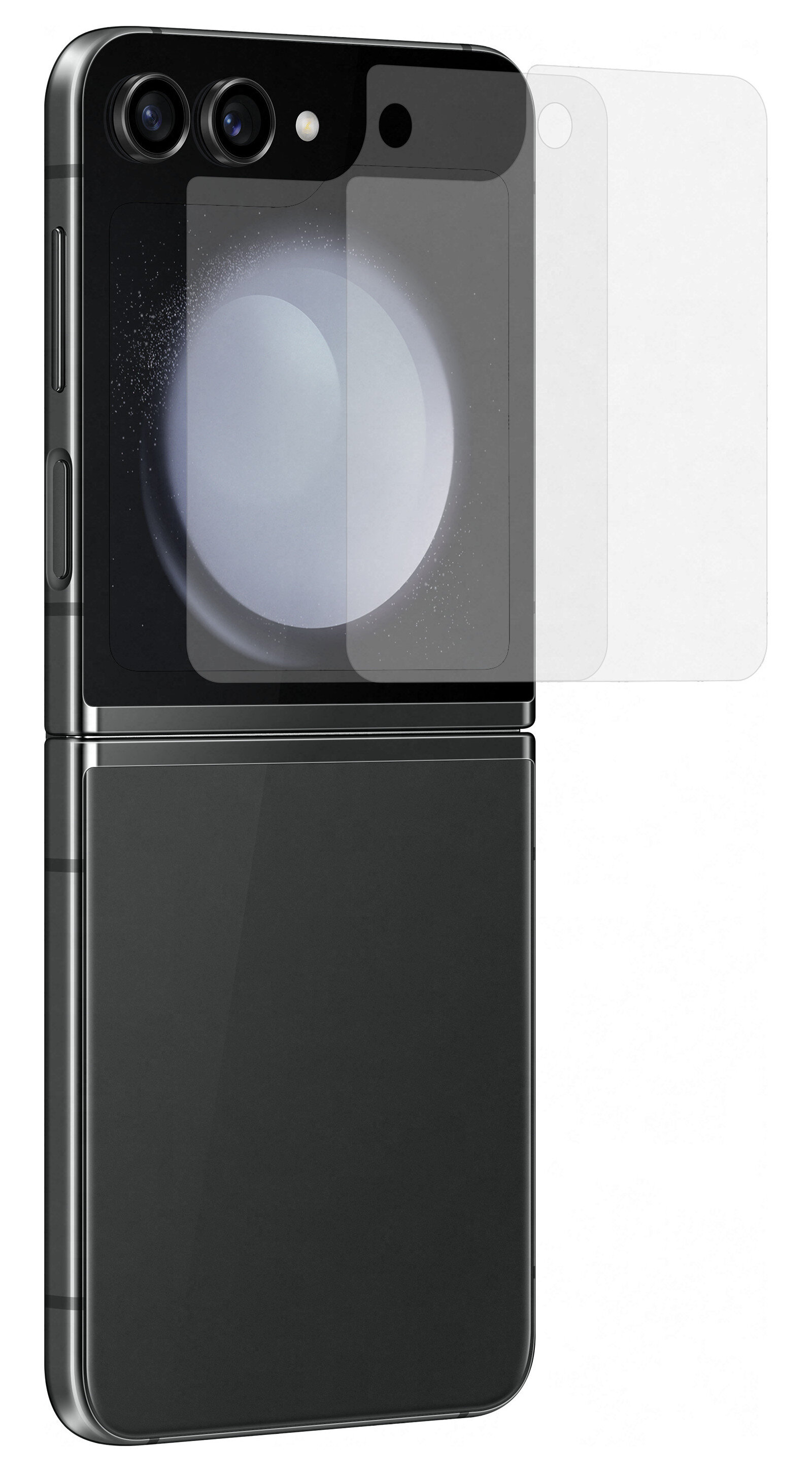 Czarny składany telefon z naklejaną folią ochronną. Ekran jest widoczny.