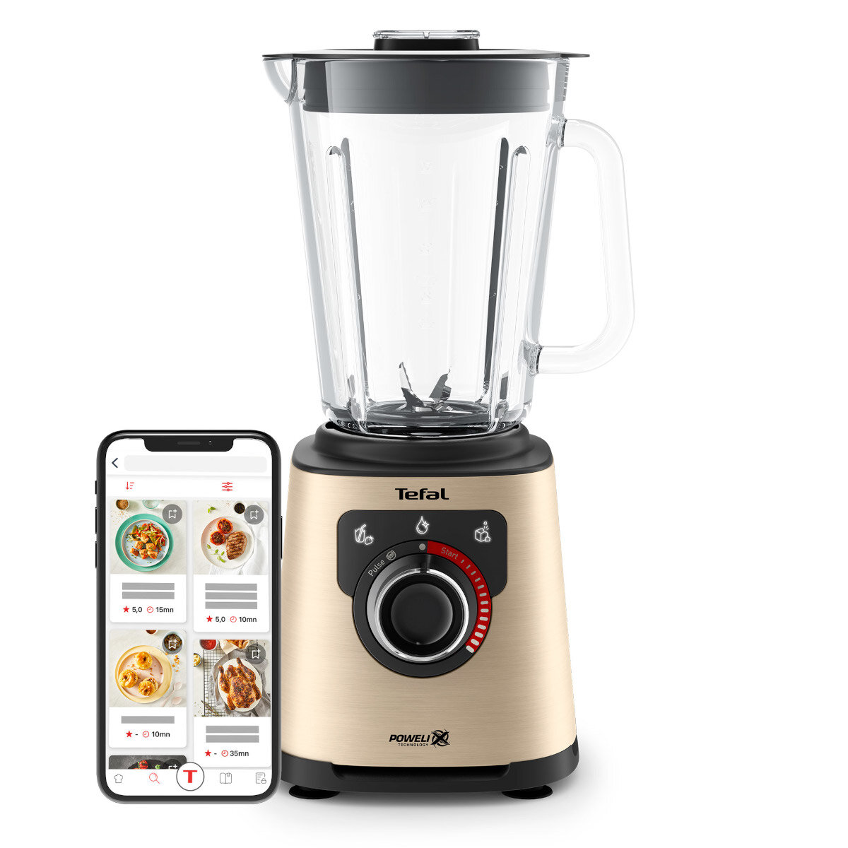 Złoty blender ze szklanym słoikiem i smartfonem pokazującym przepisy.