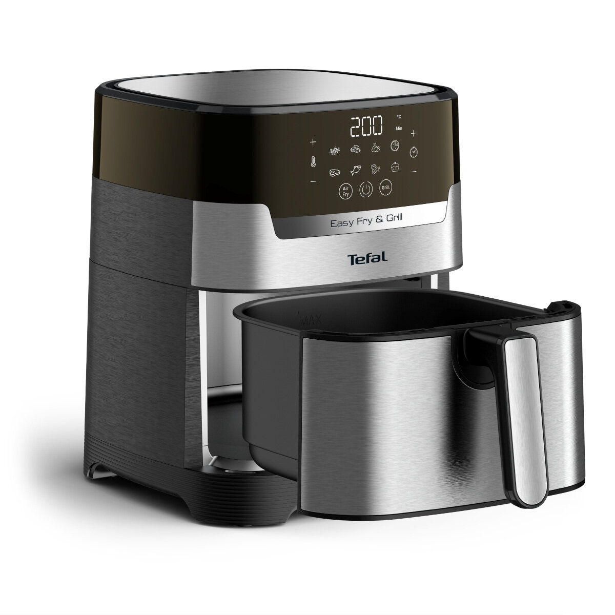 Czarna i srebrna frytkownica powietrzna z wyświetlaczem cyfrowym i otwartym koszem.