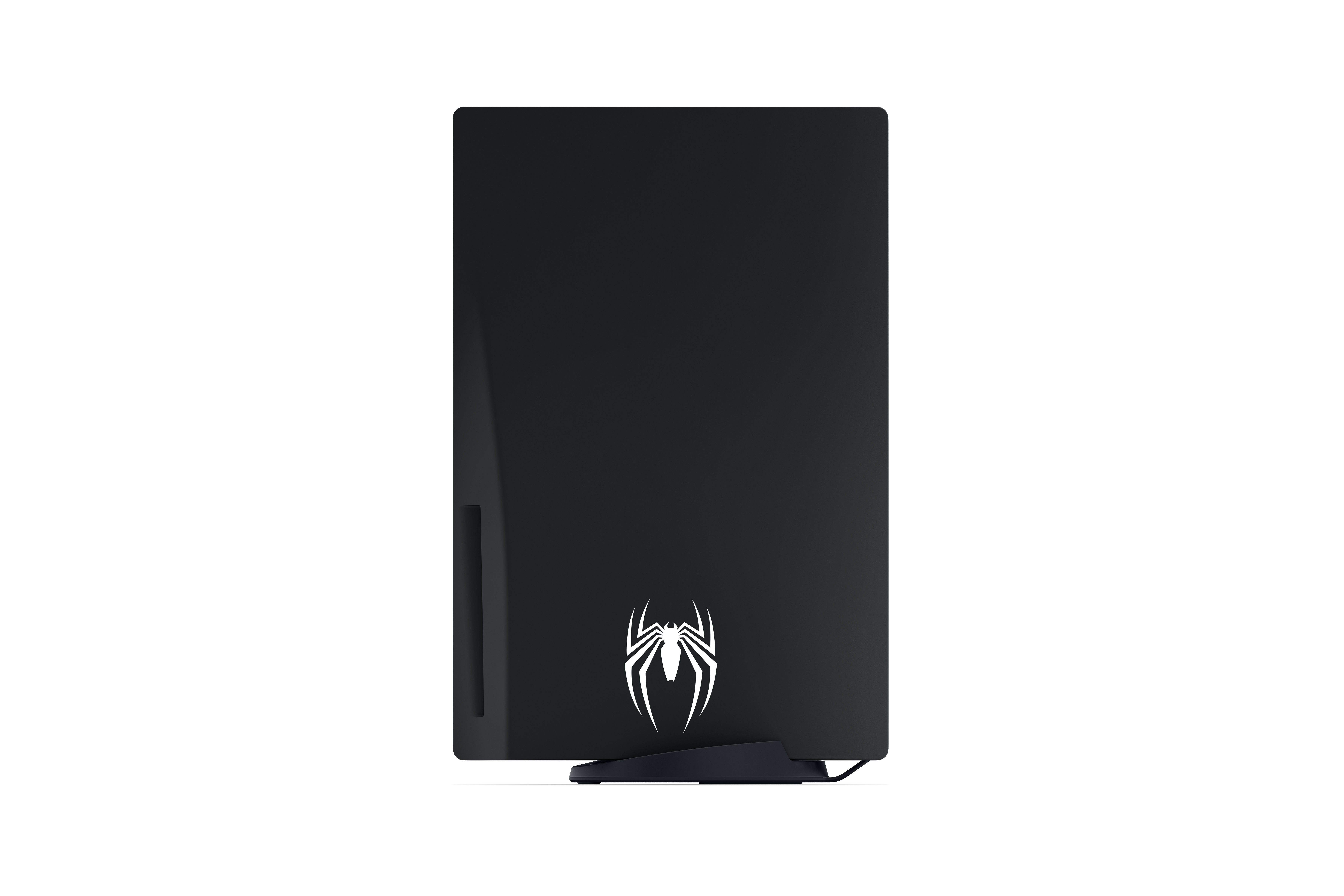 Eine schwarze Spielekonsole mit weißem Spinnenlogo auf weißem Hintergrund.