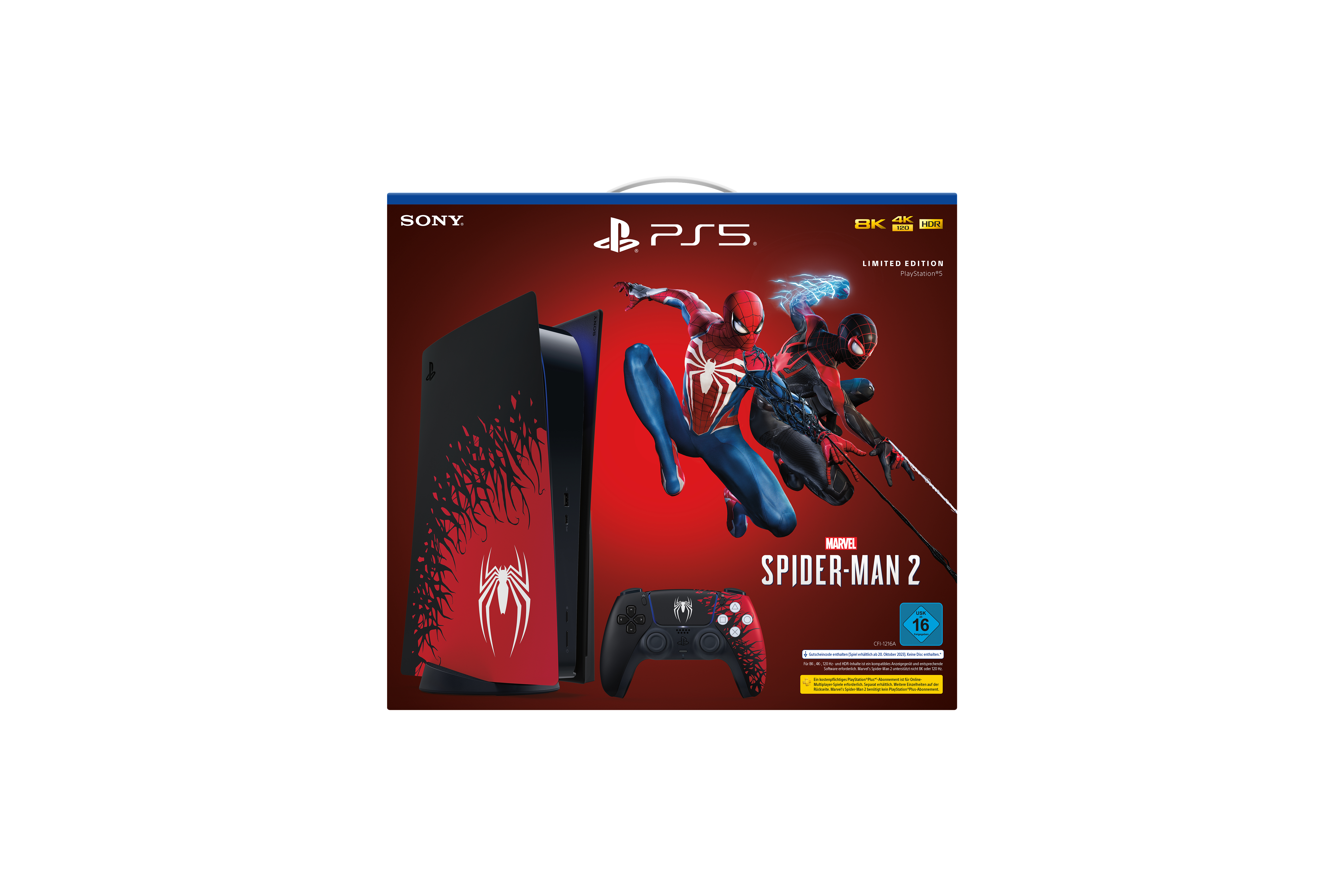 PS5 Spider-Man 2 Limited Edition Box-Set mit Konsole, Controller und Spielgrafik.